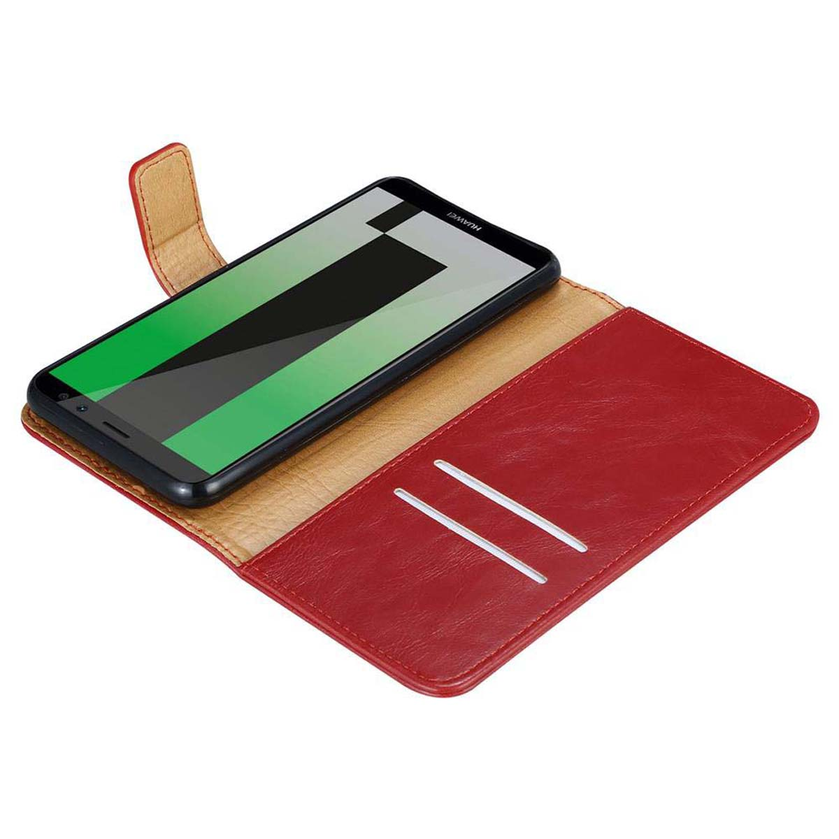 Custodia in pelle rossa aperta, con telefono all'interno. Lo schermo del telefono è visibile.