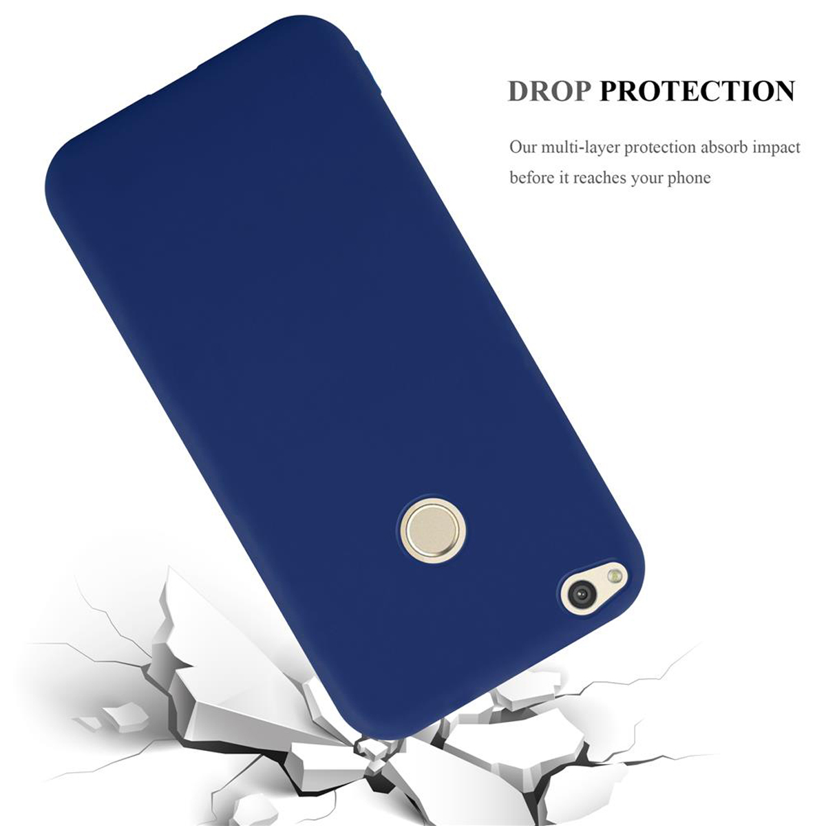 Una funda azul para teléfono, cayendo y agrietando el suelo. Texto: DROP PROTECTION.