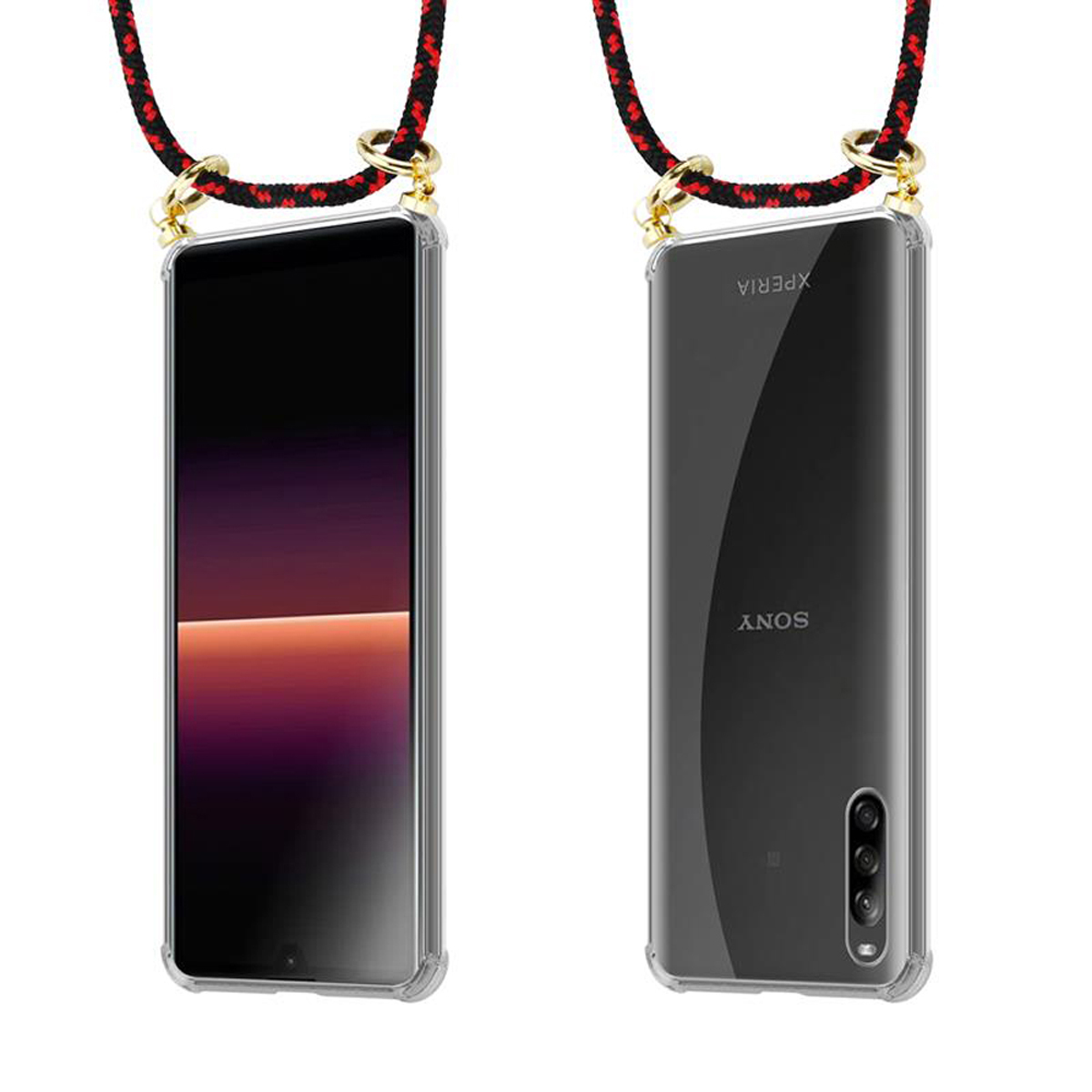 Telefono Sony Xperia in una custodia trasparente con cordino. Anteriore e posteriore del telefono visibili.