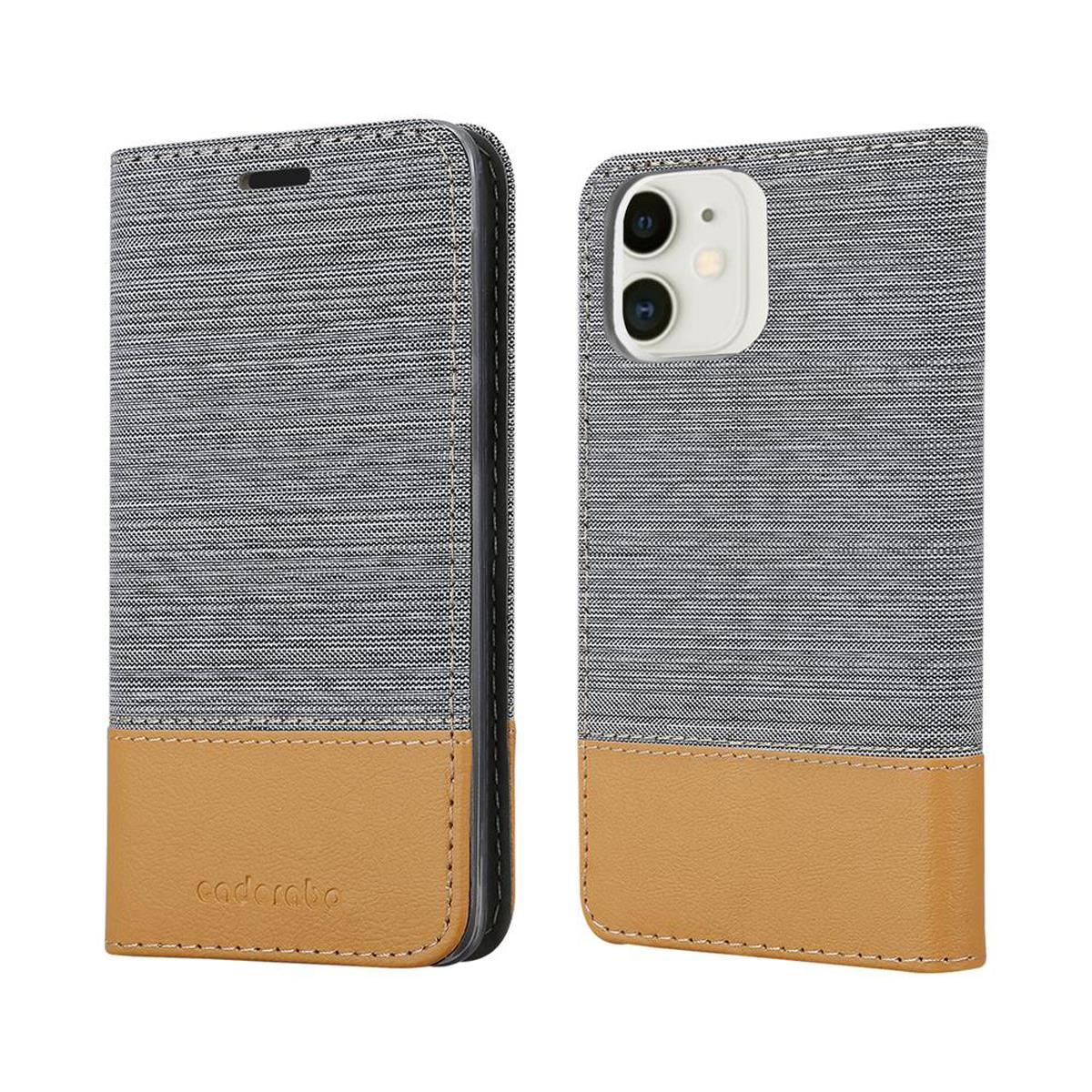 Custodia per telefono con parte superiore in tessuto grigio e fondo in pelle marrone, che mostra il telefono all'interno.