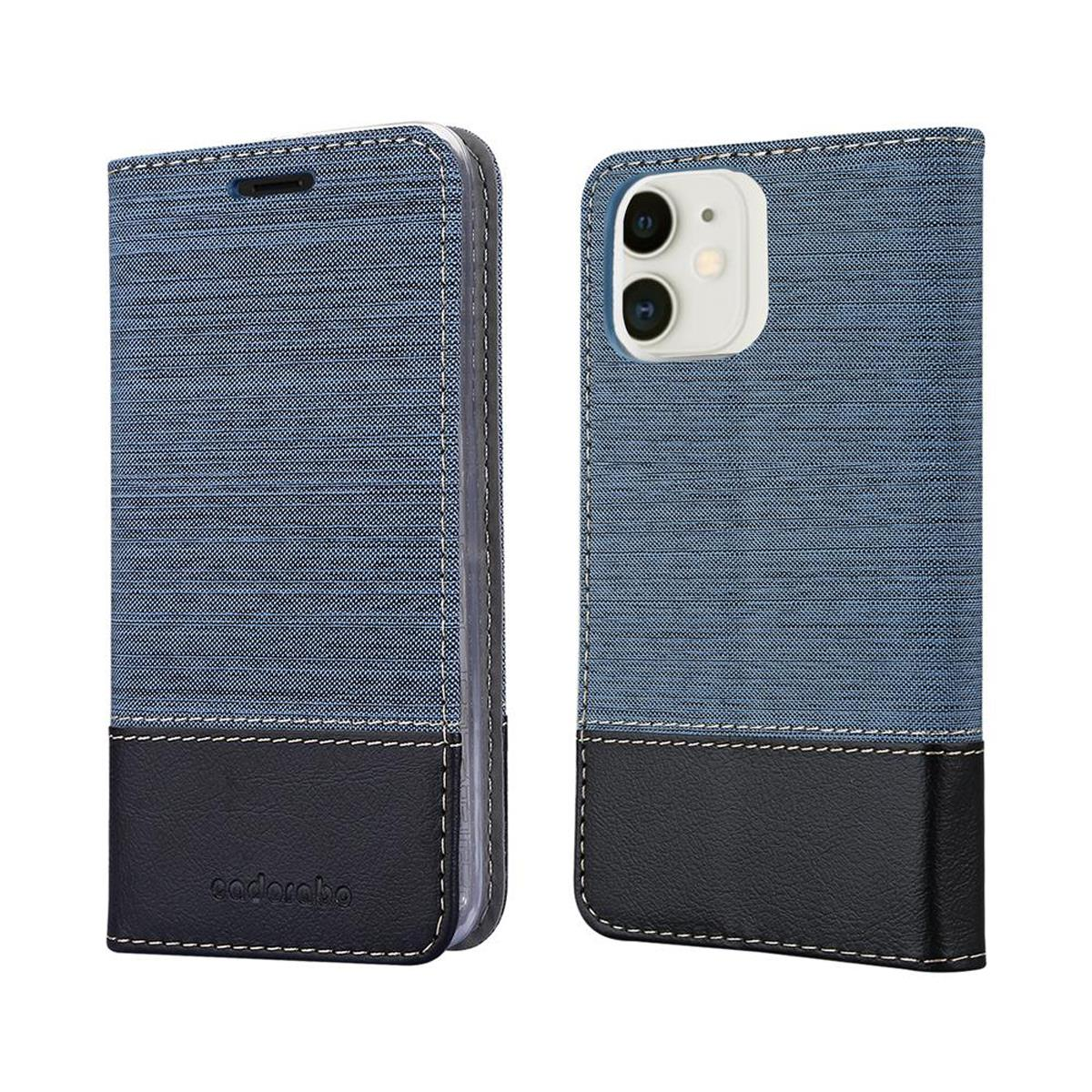 Custodia per telefono in stile denim blu, chiusa e aperta. Anteriore e posteriore visibili con una striscia nera.