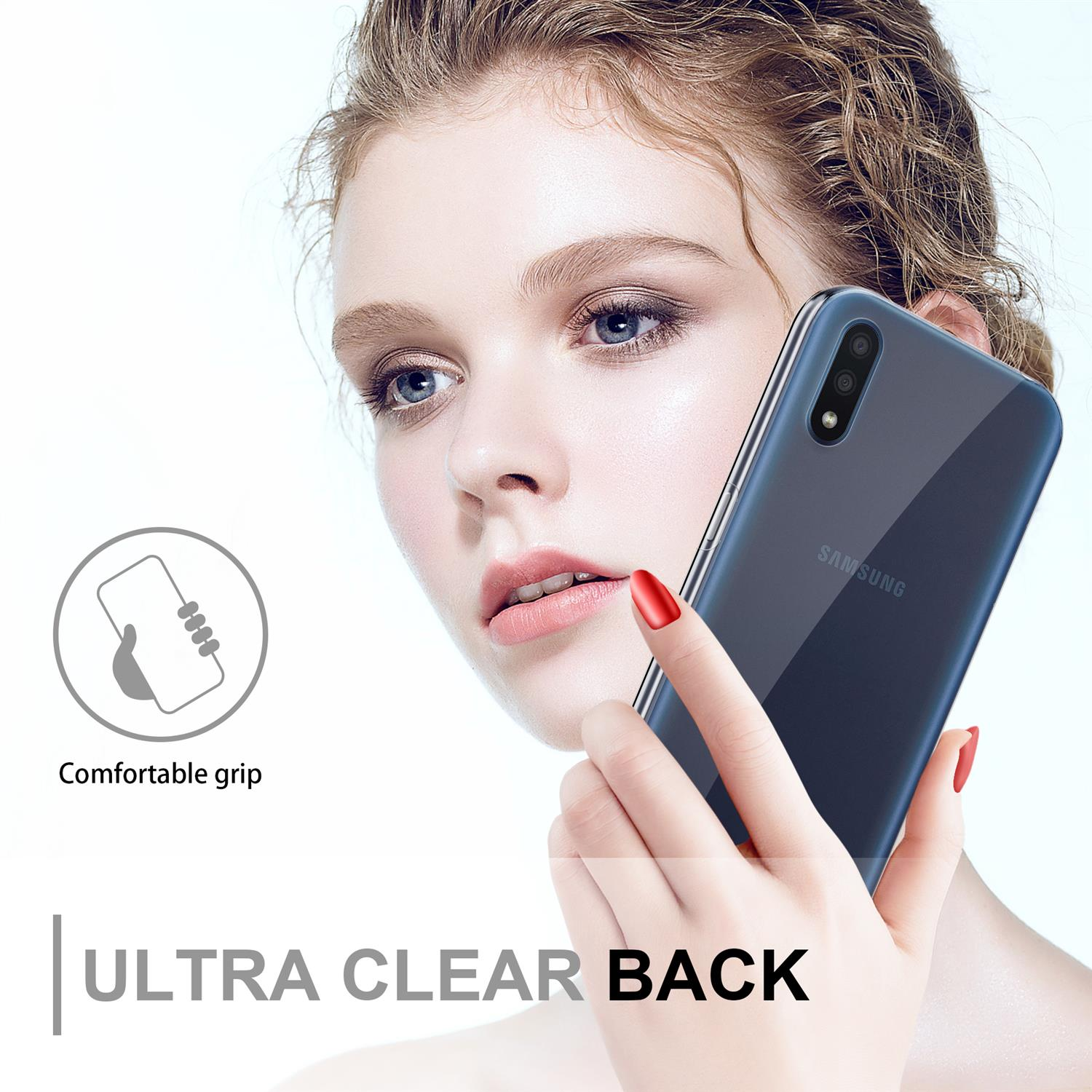 Frau hält Telefon mit klarer Hülle. Text: 'Ultra Clear Back'. Weißer Hintergrund.