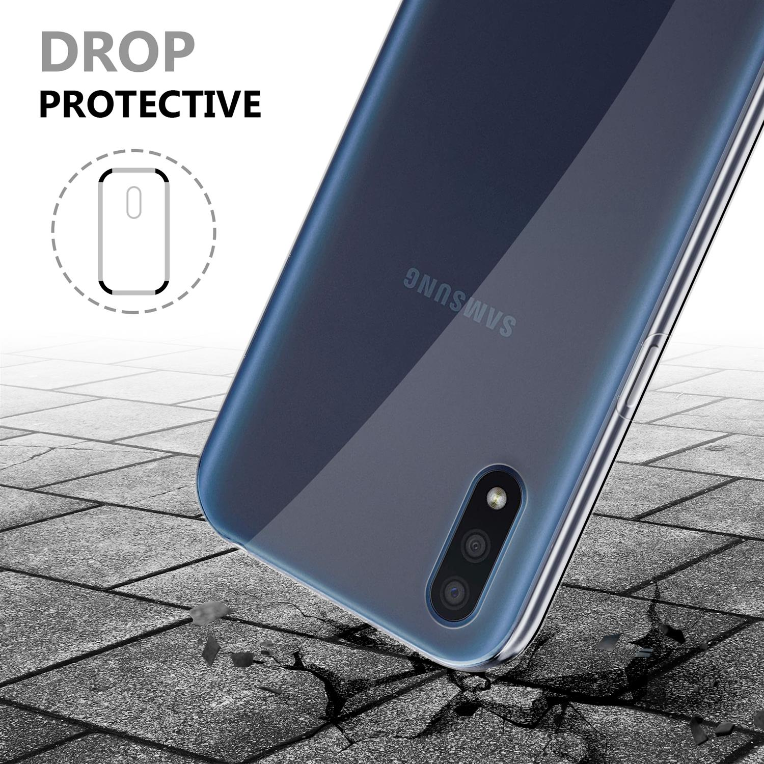 Blaue Handyhülle auf strukturierter Oberfläche. Zeigt die Rückseite des Telefons mit dem Samsung-Logo.