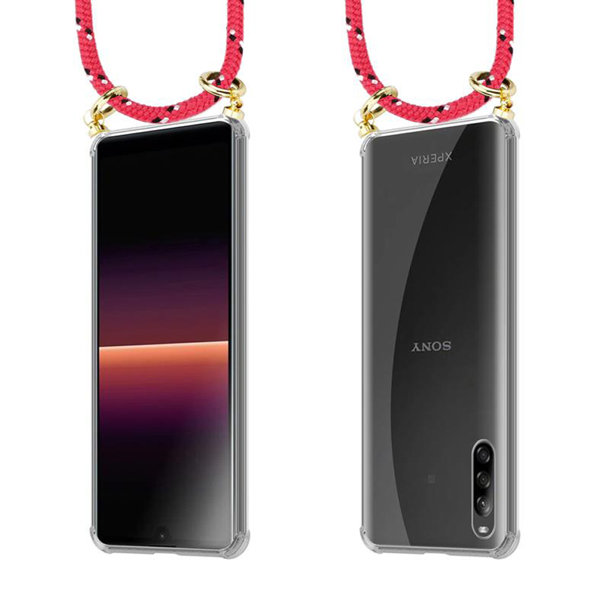 Un telefono con custodia trasparente e cordino rosso. Lo schermo mostra una sfumatura viola e arancione.
