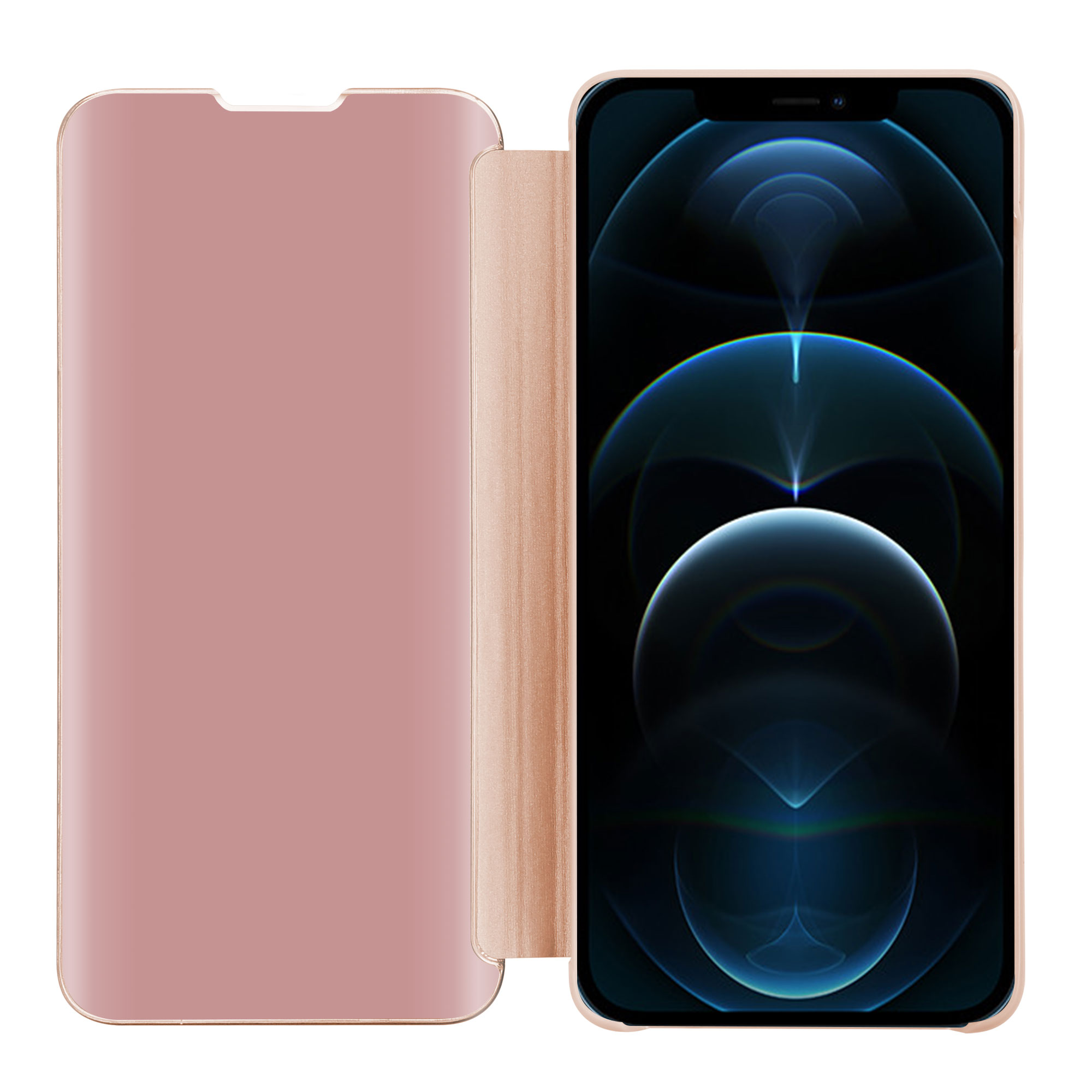 Una custodia per telefono oro rosa è aperta, rivelando lo schermo di un telefono con sfondo blu scuro.