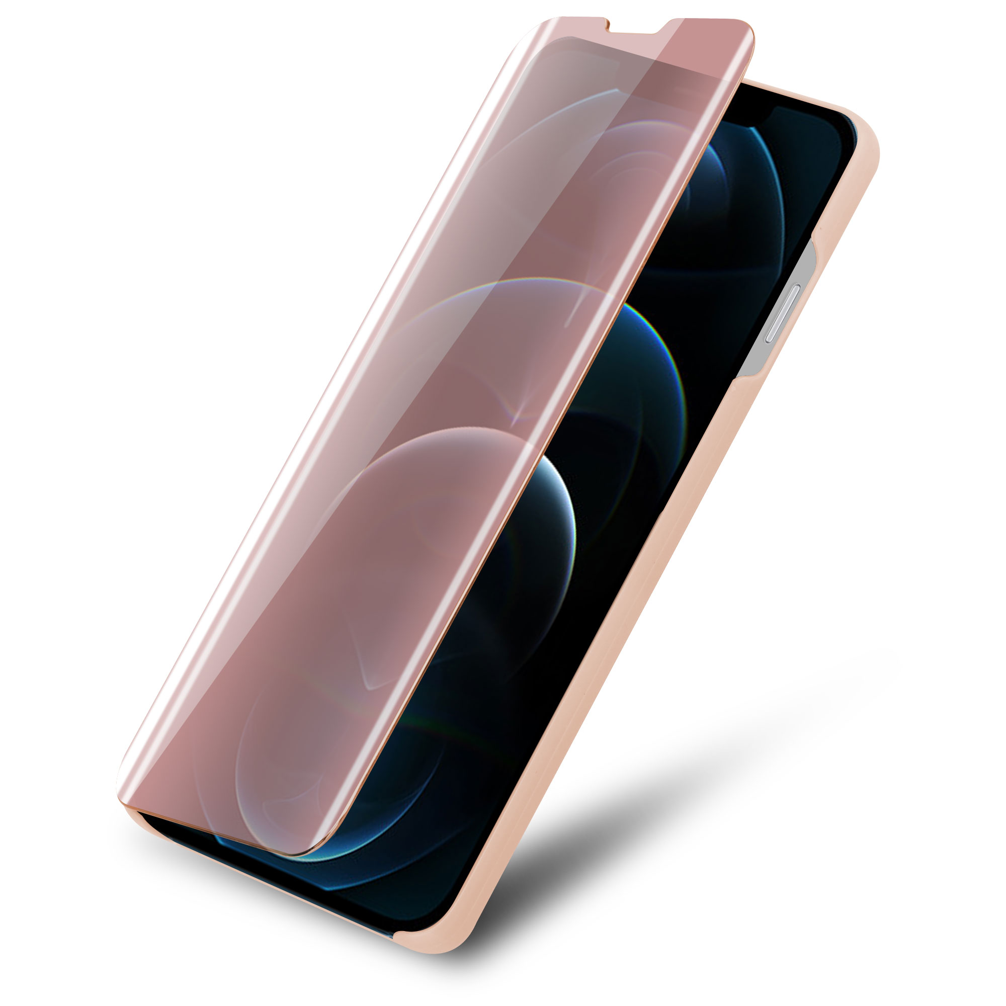 Un telefono con una protezione per lo schermo. La protezione è oro rosa, il telefono è dorato.