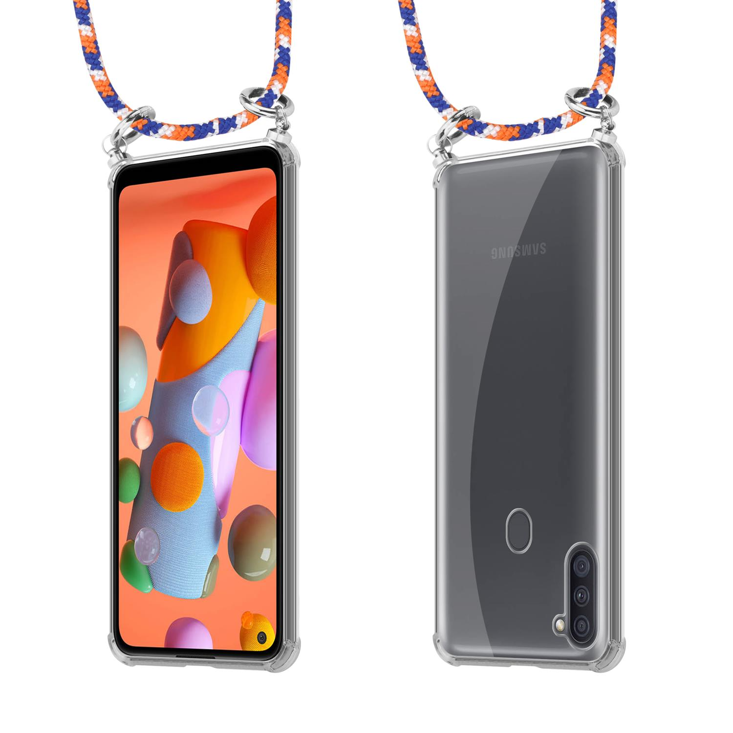 CADORABO Handy Kette abnehmbarer Galaxy WEIß Kordel / mit Ringen, M11, und Backcover, Band Hülle, ORANGE Samsung, Silber A11 BLAU