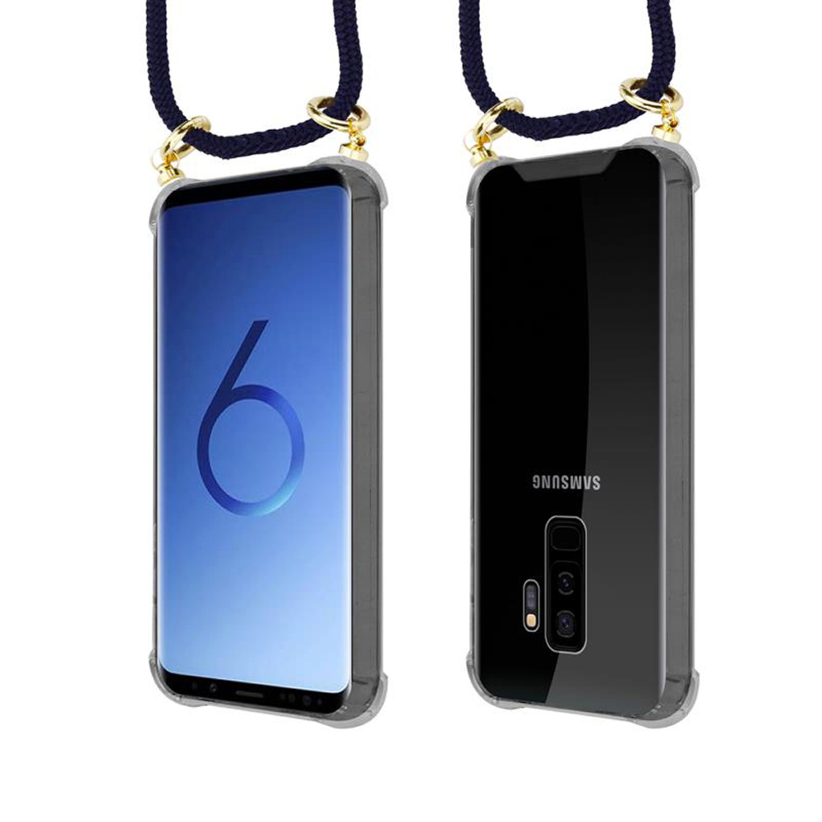 Telefono con cordino, custodia trasparente con corda nera.