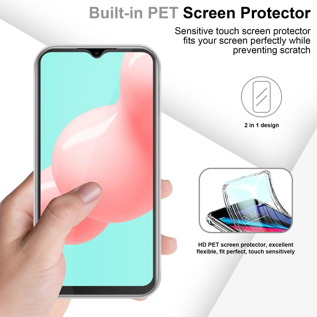 Mano che tiene un telefono con una protezione per lo schermo. Un grafico mostra il design della protezione e il telefono.