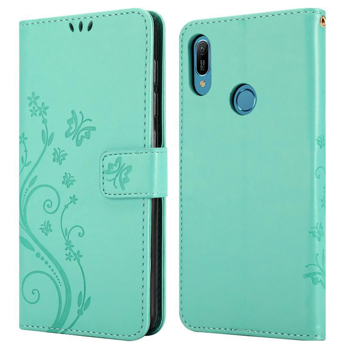 Una custodia per telefono verde menta, aperta e chiusa, con dettagli floreali e farfalle, che mostra il telefono.