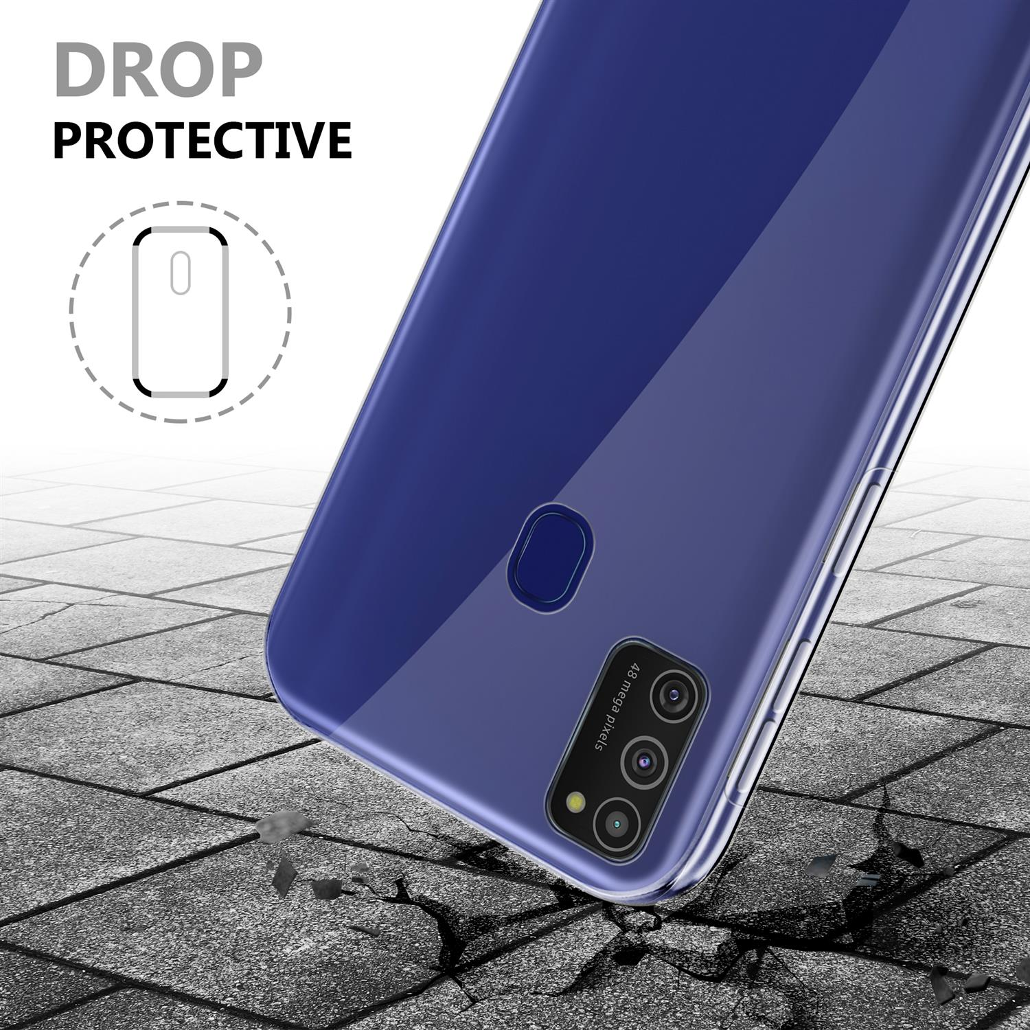 Blaue Handyhülle auf Stein. Oben steht „Drop Protective“.