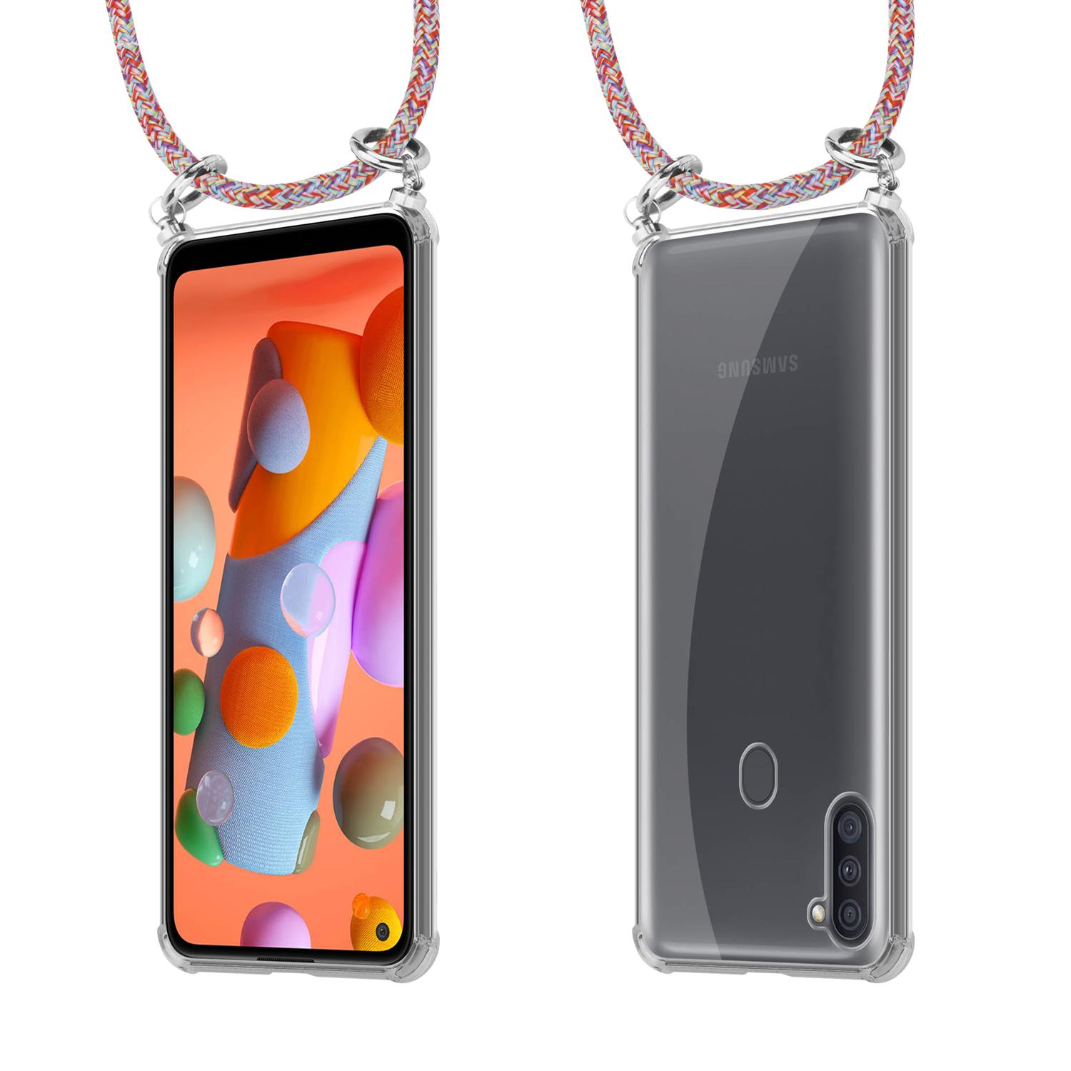 CADORABO Handy Kette / und PARROT mit Samsung, Ringen, A11 M11, abnehmbarer Hülle, Backcover, COLORFUL Kordel Band Silber Galaxy