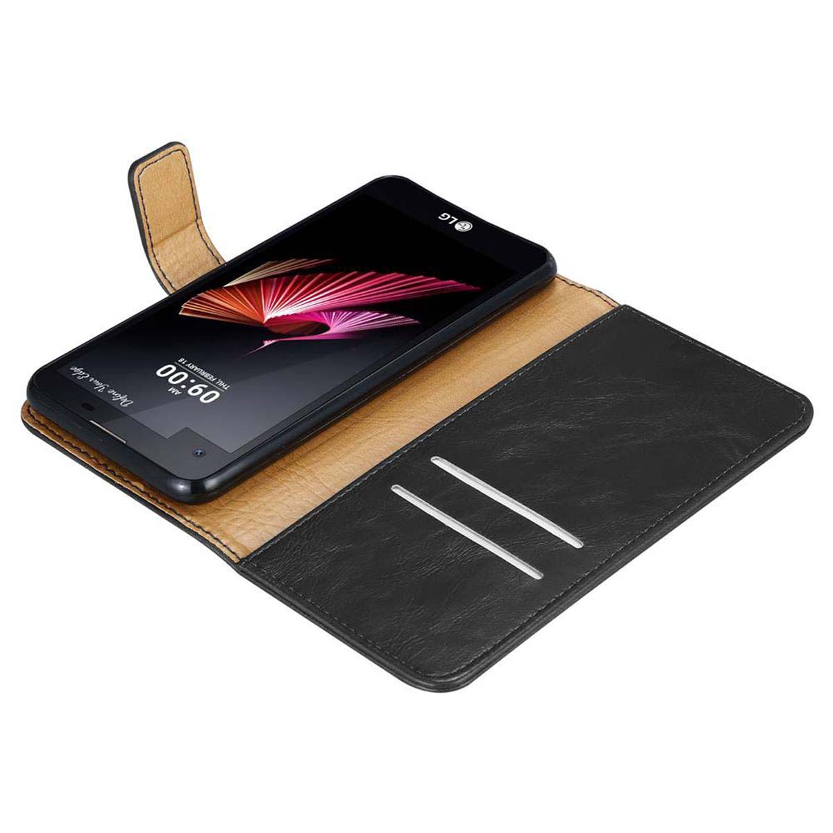 Ein Telefon in einer Lederhülle ist geöffnet und zeigt den Bildschirm. Es gibt eine Tasche und einen Verschluss an der Hülle.