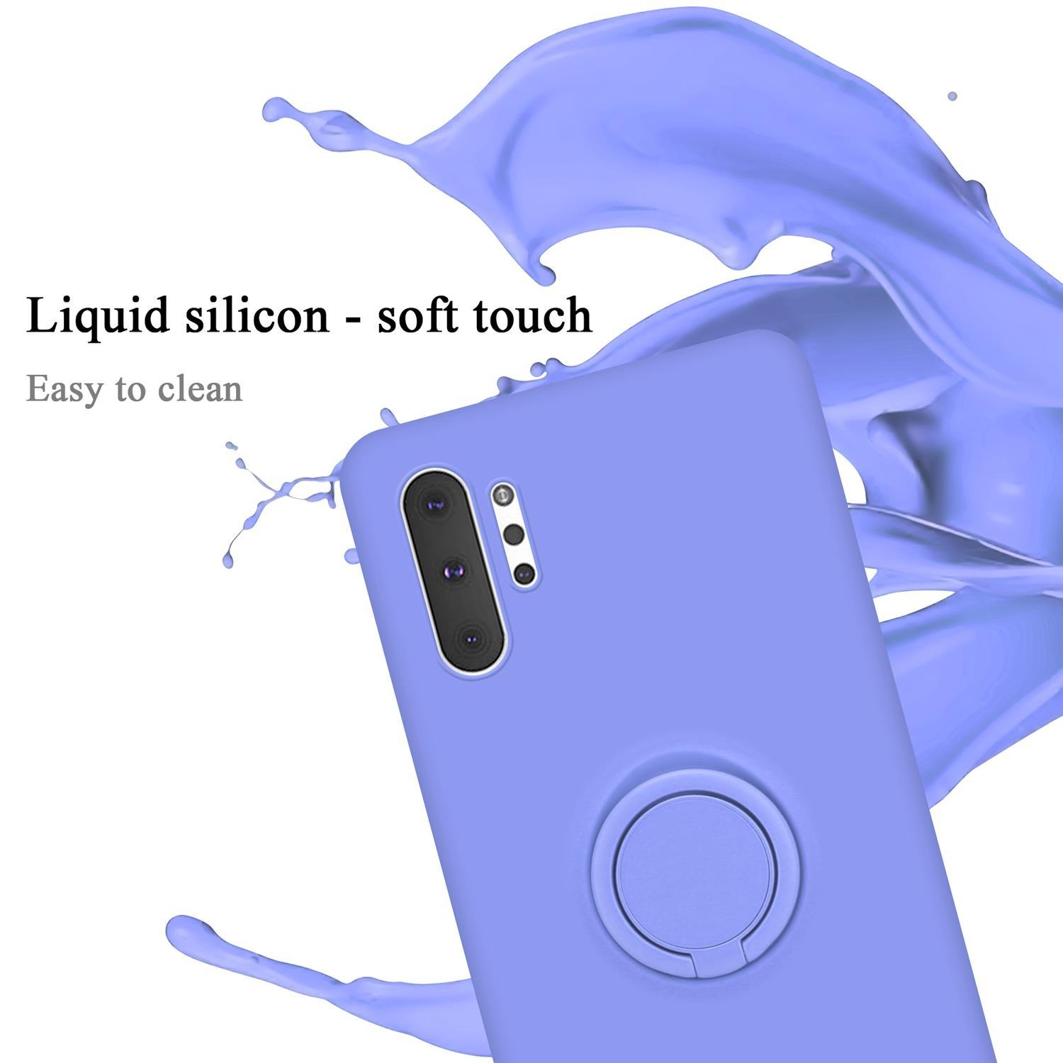 Primo piano di una custodia per telefono e uno schizzo di liquido blu. Testo: Silicone liquido - tocco morbido. Facile da pulire.