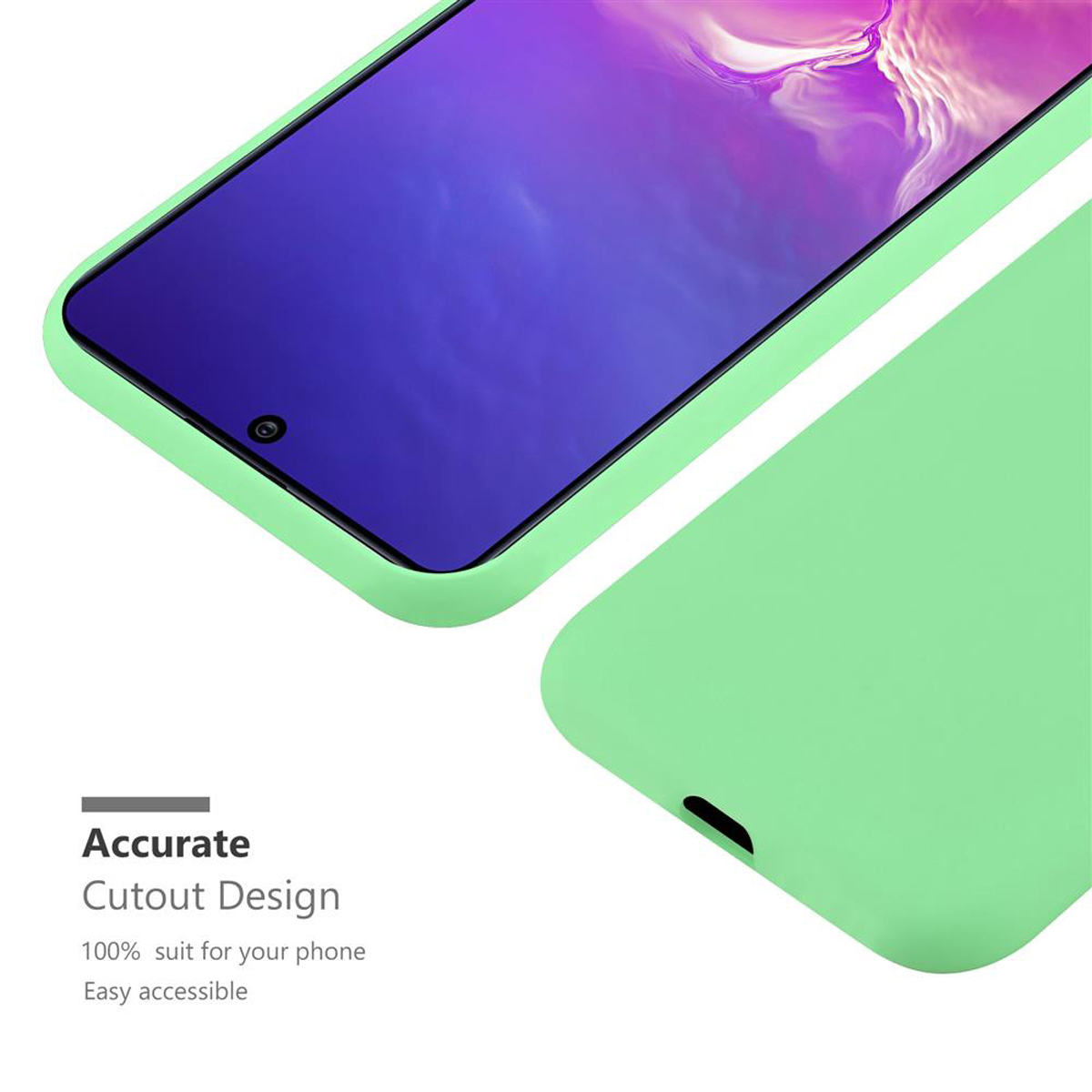 Primo piano di una custodia verde per telefono. Il telefono ha uno schermo viola.