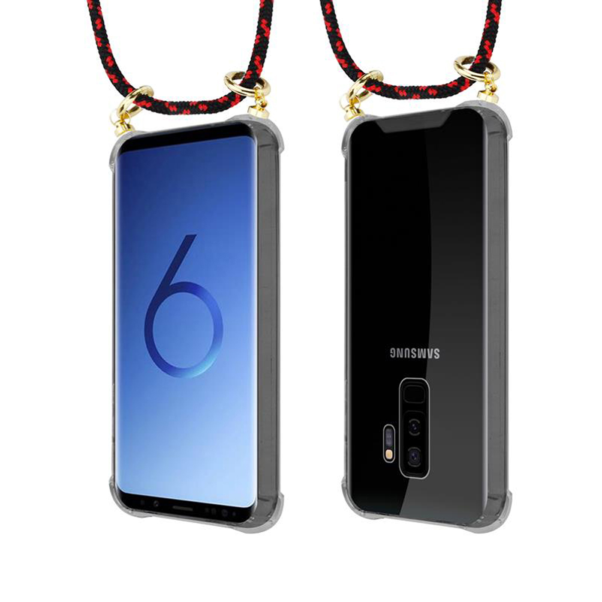 Due telefoni in custodie trasparenti con un cordino. Un telefono mostra un '6' blu sullo schermo.