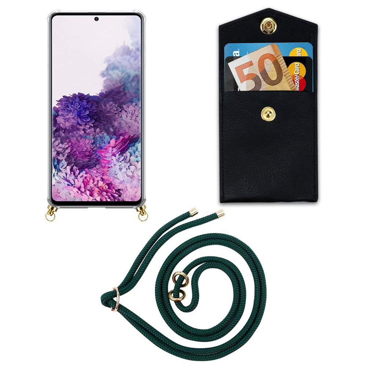 Telefono con soldi e carte in una custodia nera e un cinturino verde.