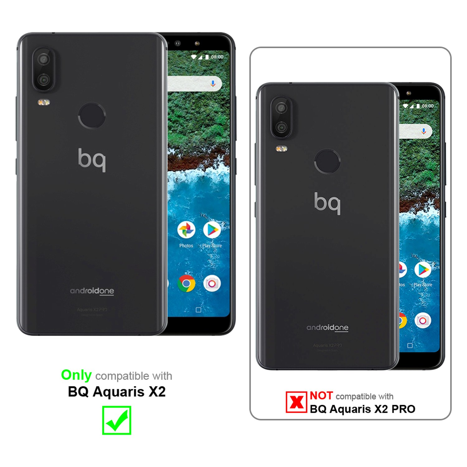 Due telefoni neri. Uno è compatibile, l'altro no. Testo: Solo compatibile con BQ Aquaris X2.