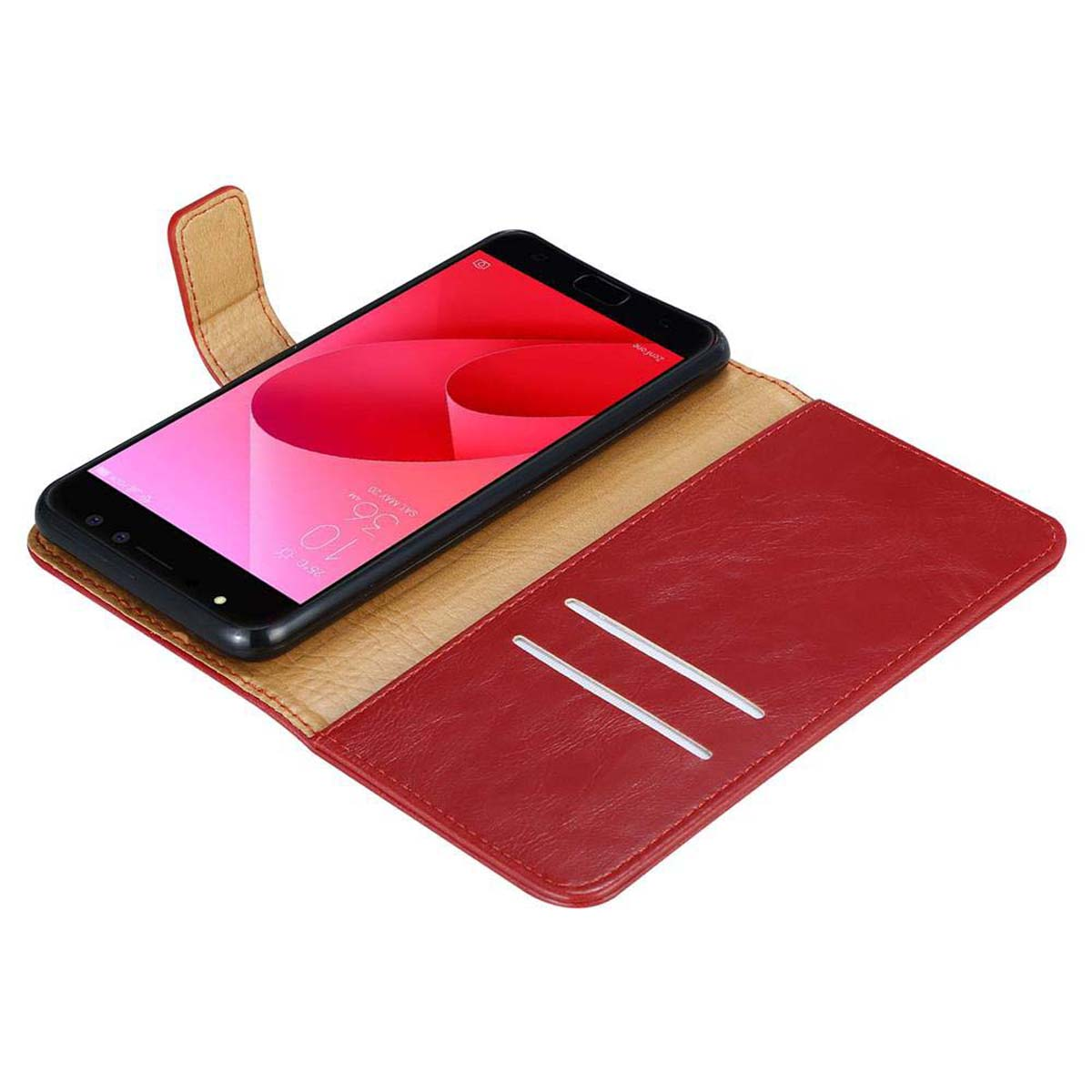 Custodia per telefono rossa, aperta con telefono dentro. Schermo rosso e carte. Sfondo bianco.
