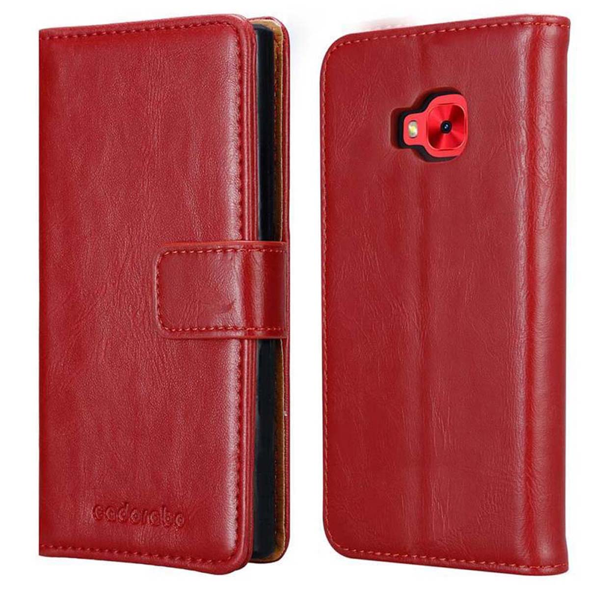Una custodia rossa, aperta, con chiusura magnetica. Il telefono è nella custodia.