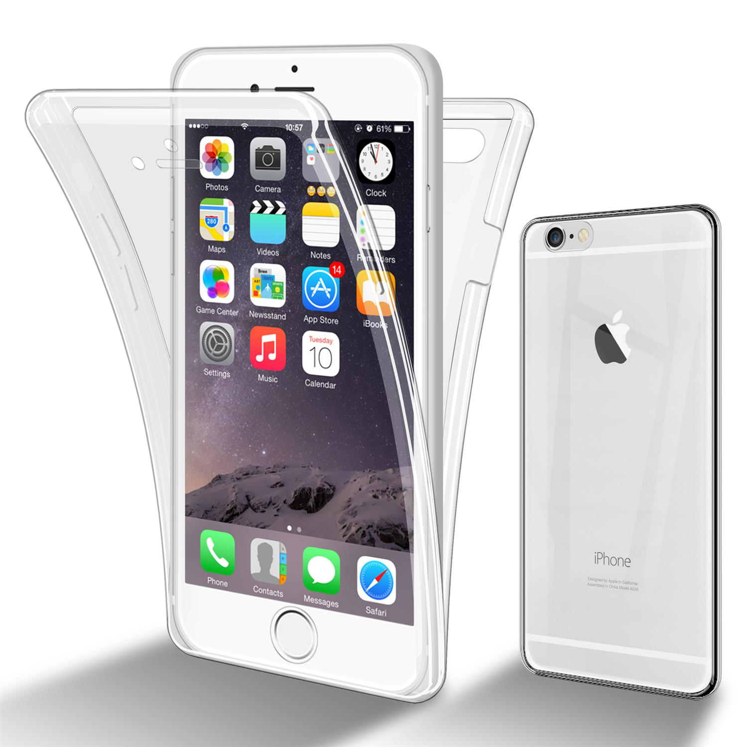 iPhone bianco con custodia protettiva trasparente e un secondo iPhone.