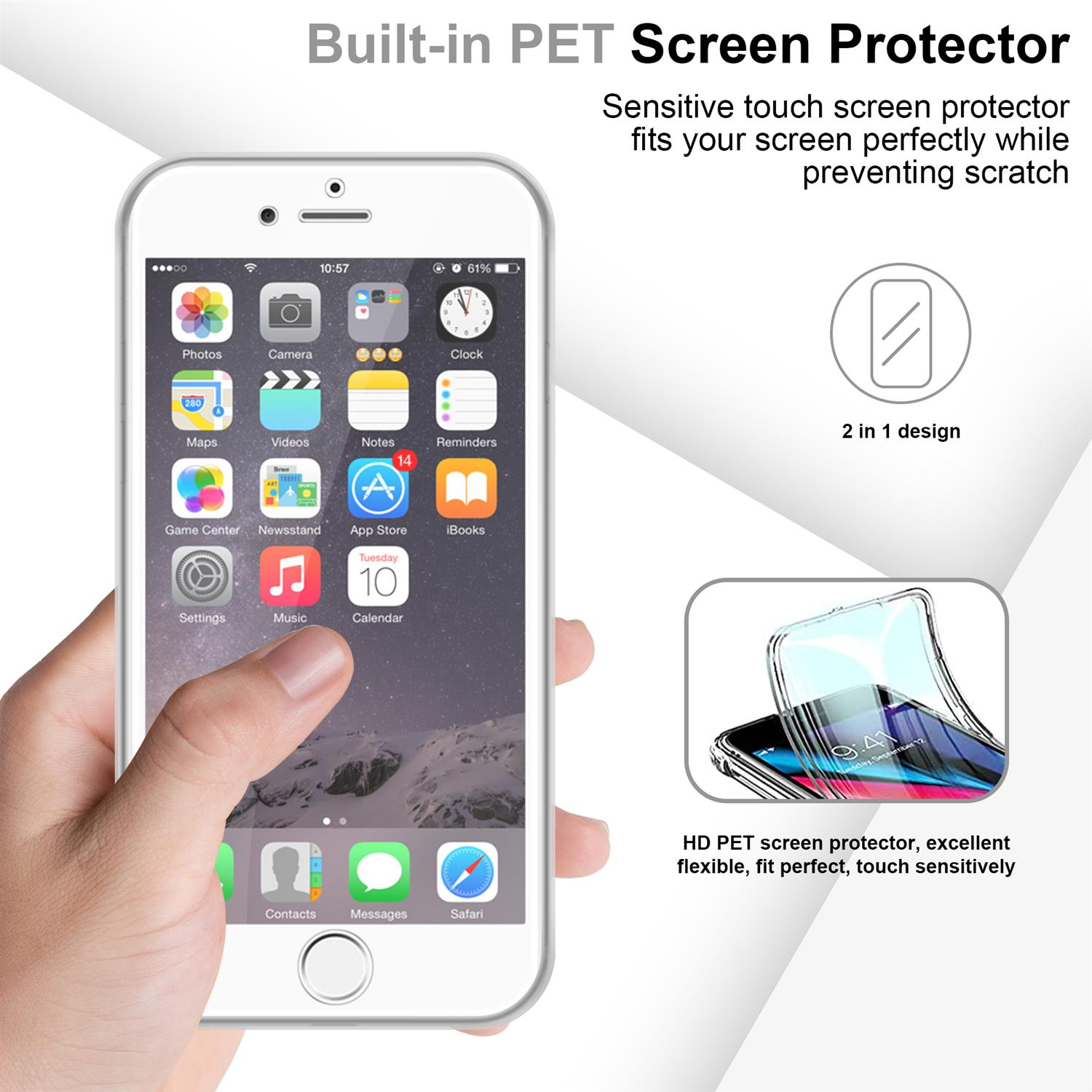 Mano che tiene il telefono con protezione per lo schermo. Telefono con app visibili. Testo: Protezione schermo PET integrata.
