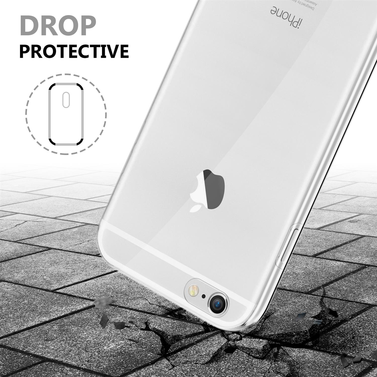 Custodia trasparente su una superficie rotta, con un telefono bianco all'interno. Il telefono ha un logo Apple.