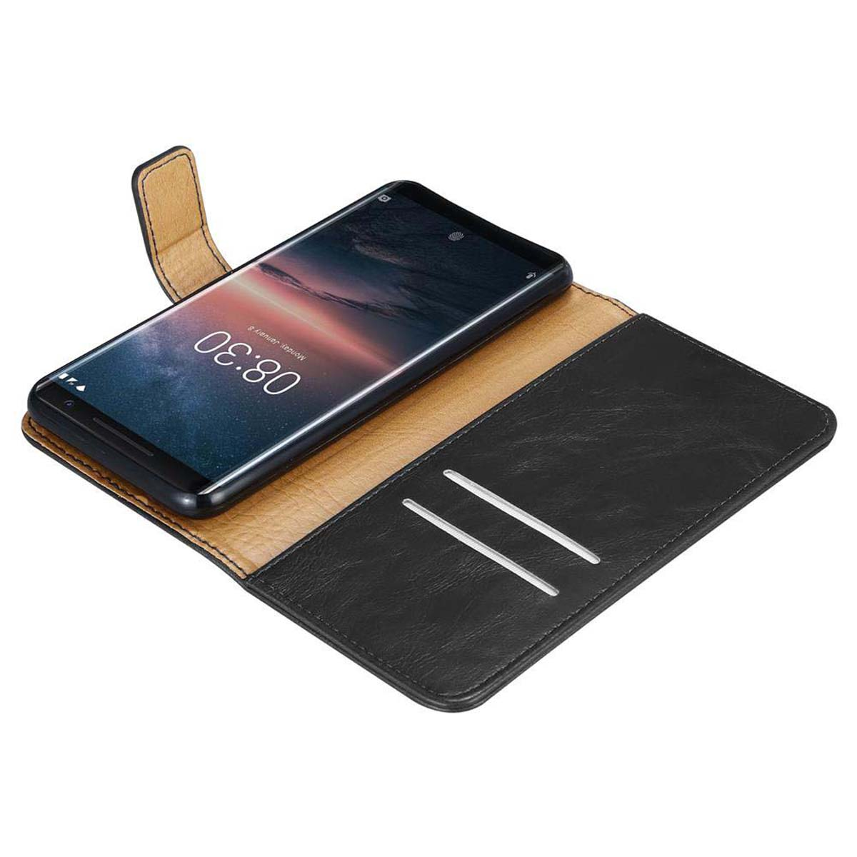 Geöffnete schwarze Handyhülle mit Telefon, zeigt Bildschirm mit Uhrzeit und Datum.
