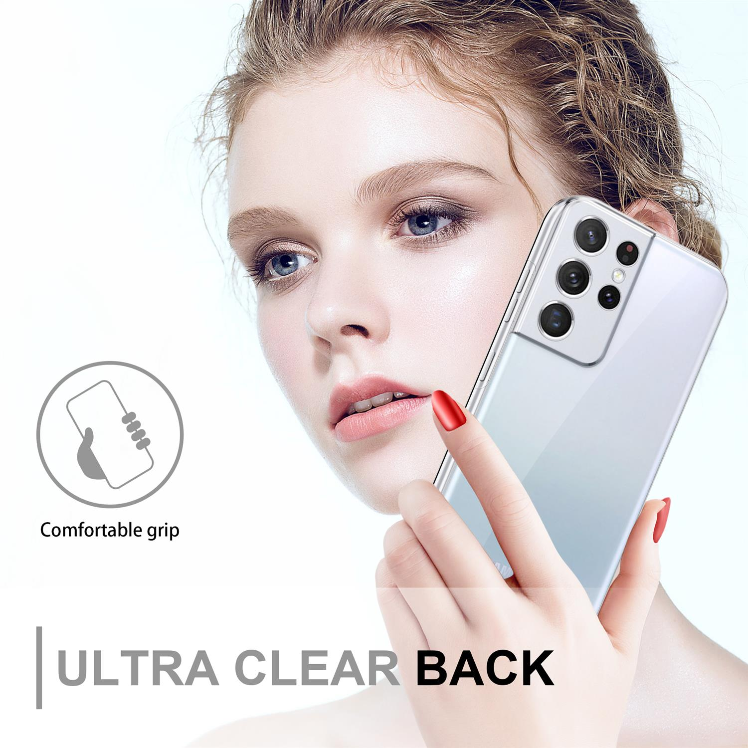 Una donna tiene in mano un telefono in una custodia trasparente. Il telefono ha più fotocamere. Testo: ULTRA CLEAR BACK.