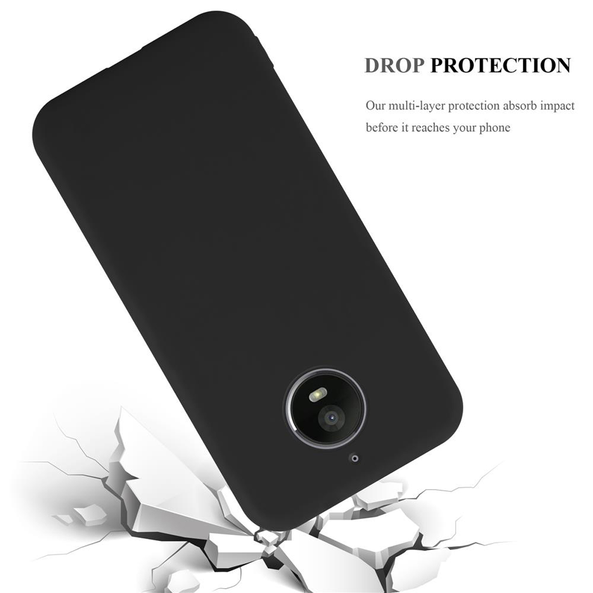 Custodia per telefono nera che protegge un telefono. Mostra la protezione dalle cadute. Sfondo bianco con crepe.