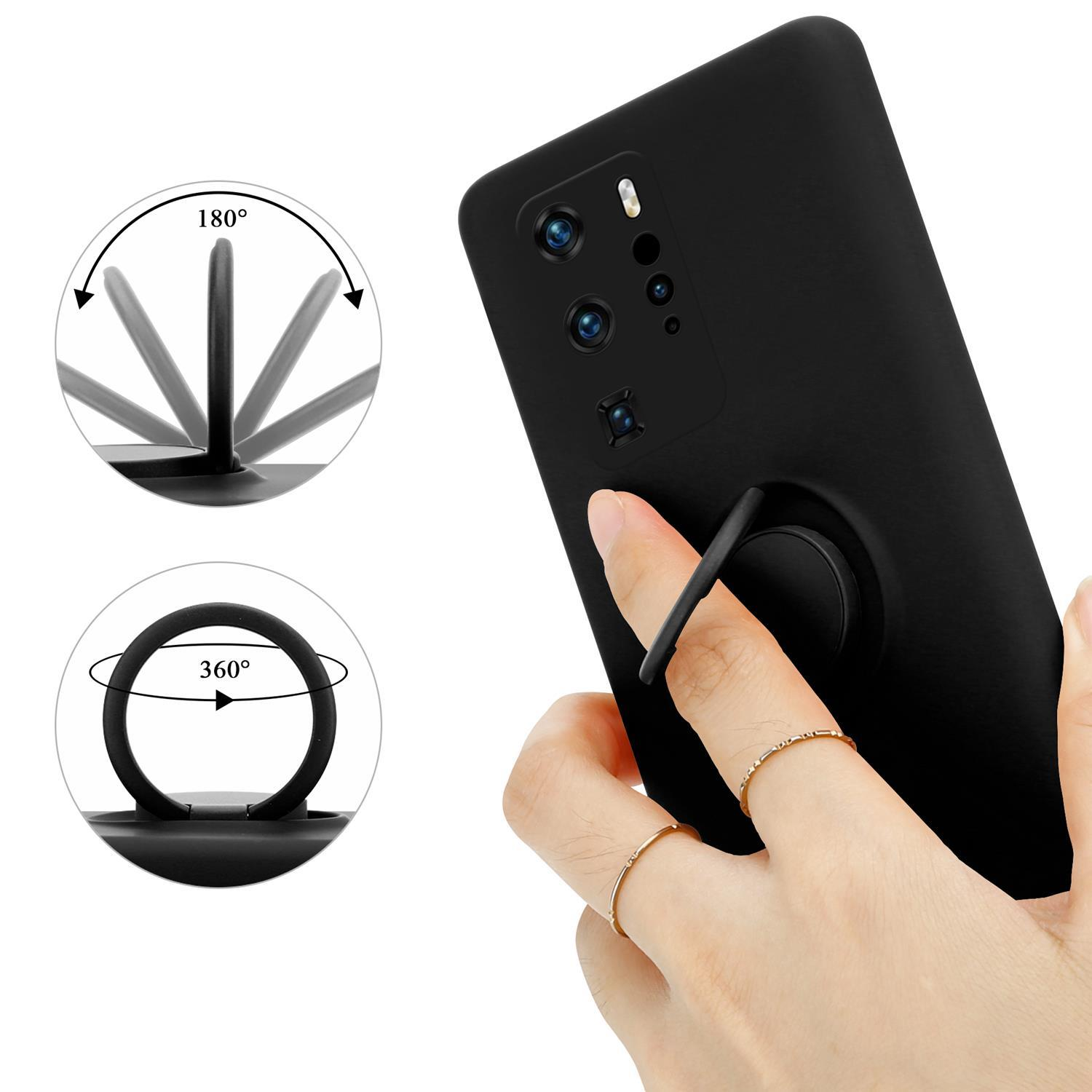 Custodia per telefono nera con supporto ad anello. Mano che tiene l'anello. Cerchio mostra rotazione di 360°.