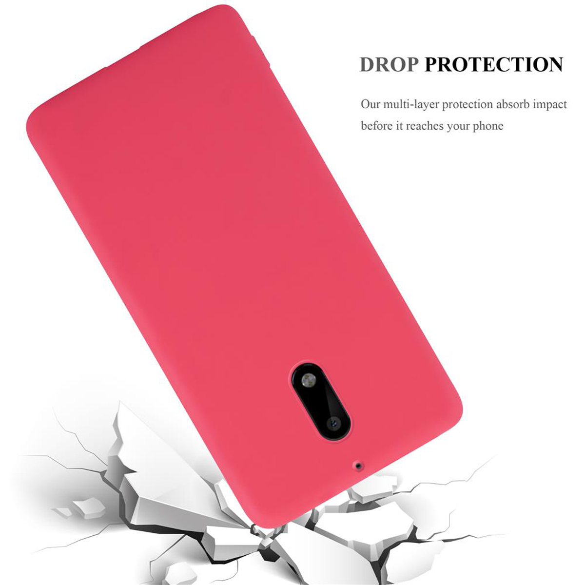 Custodia rossa, pavimento crepato. Testo: 'DROP PROTECTION.'