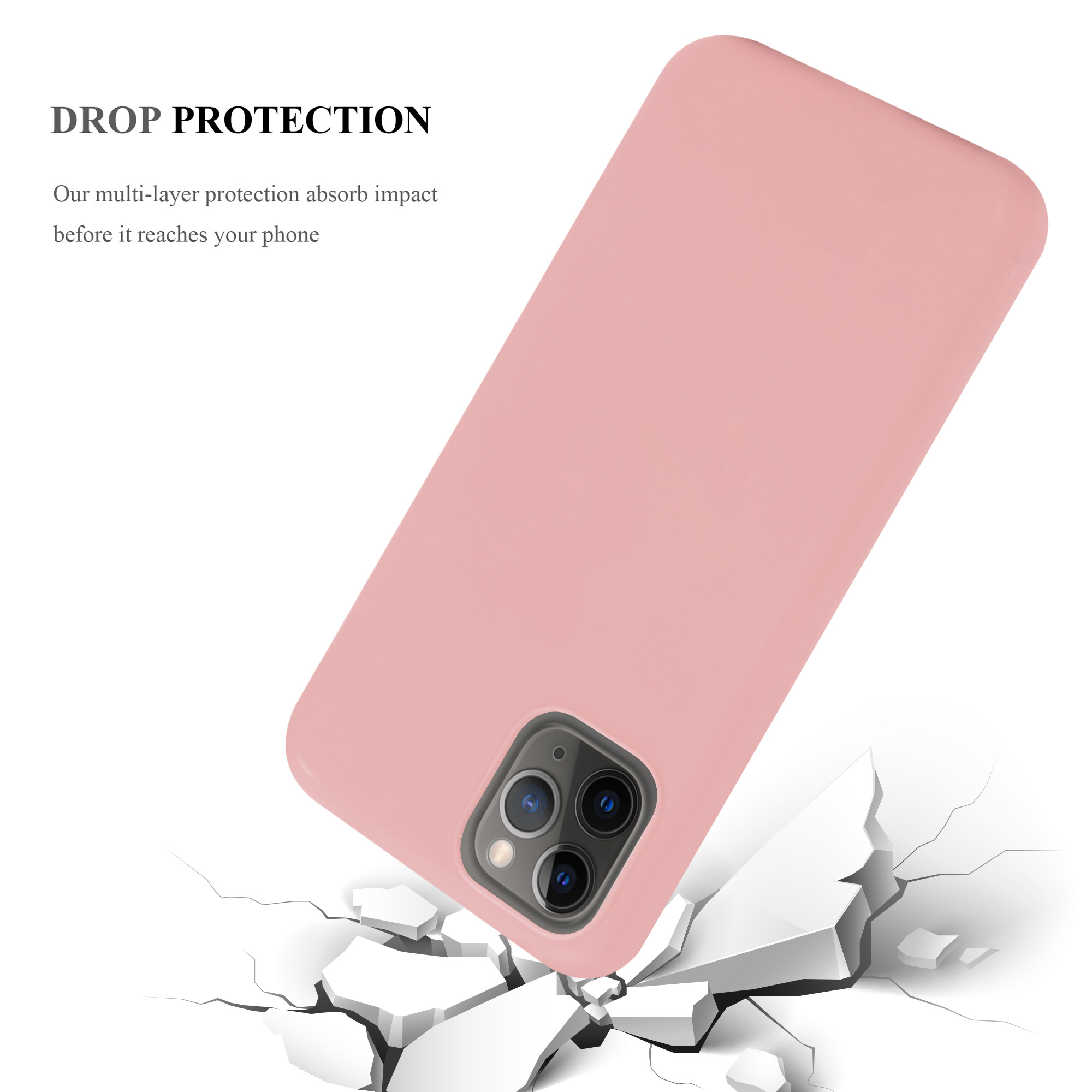 Eine pinke Handyhülle, geneigt, mit dem Text 'DROP PROTECTION'.