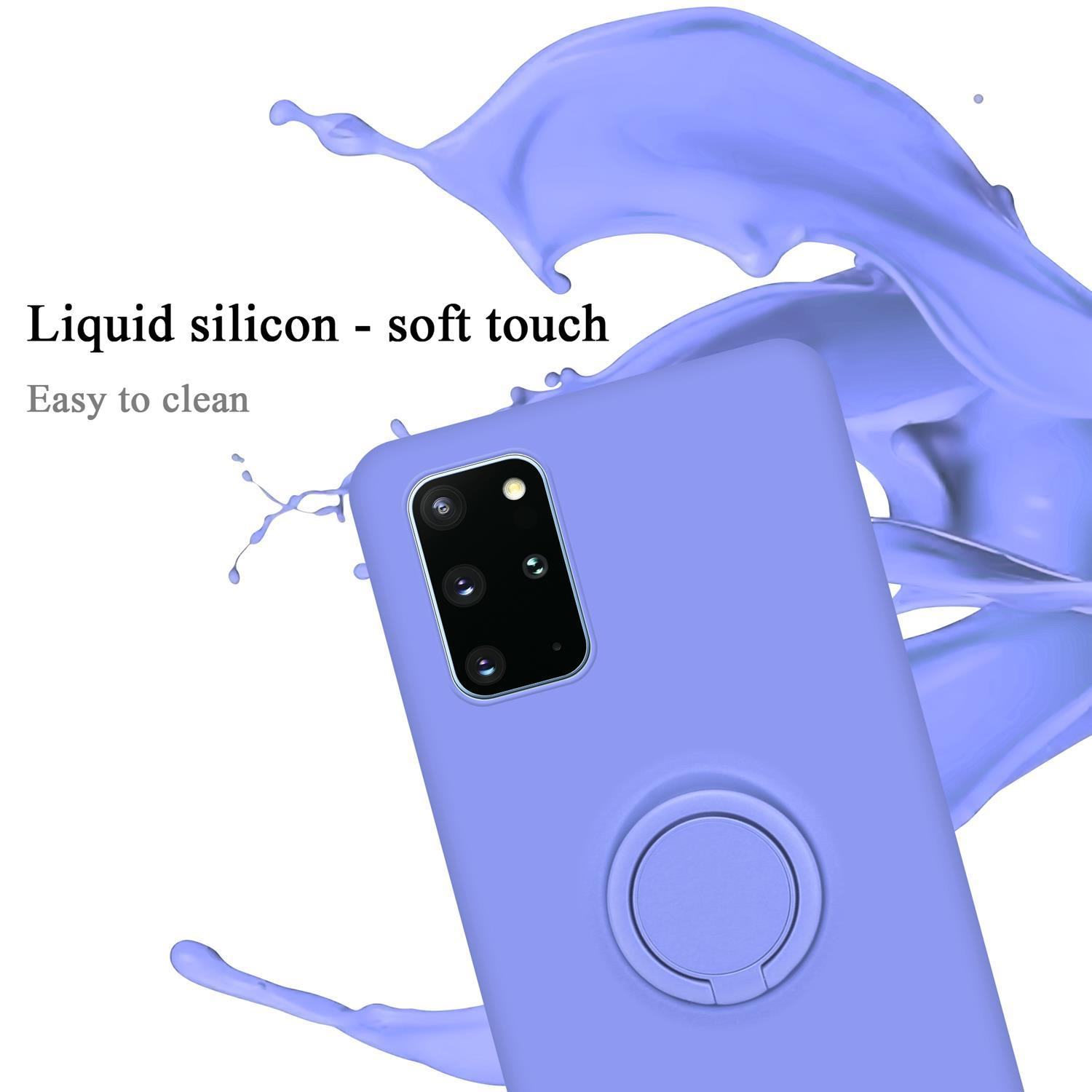Lila Telefon mit Ringhalter. Text und Spritzer aus flüssigem Silikon im Hintergrund. Soft-Touch und leicht zu reinigen.