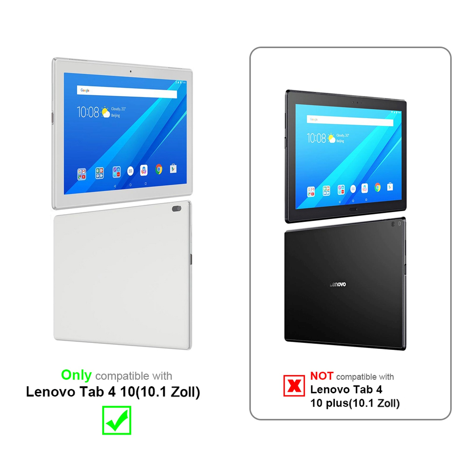 Zwei Tablets, weiß und schwarz, mit Etiketten zur Kompatibilität für Lenovo Tab 4 10.