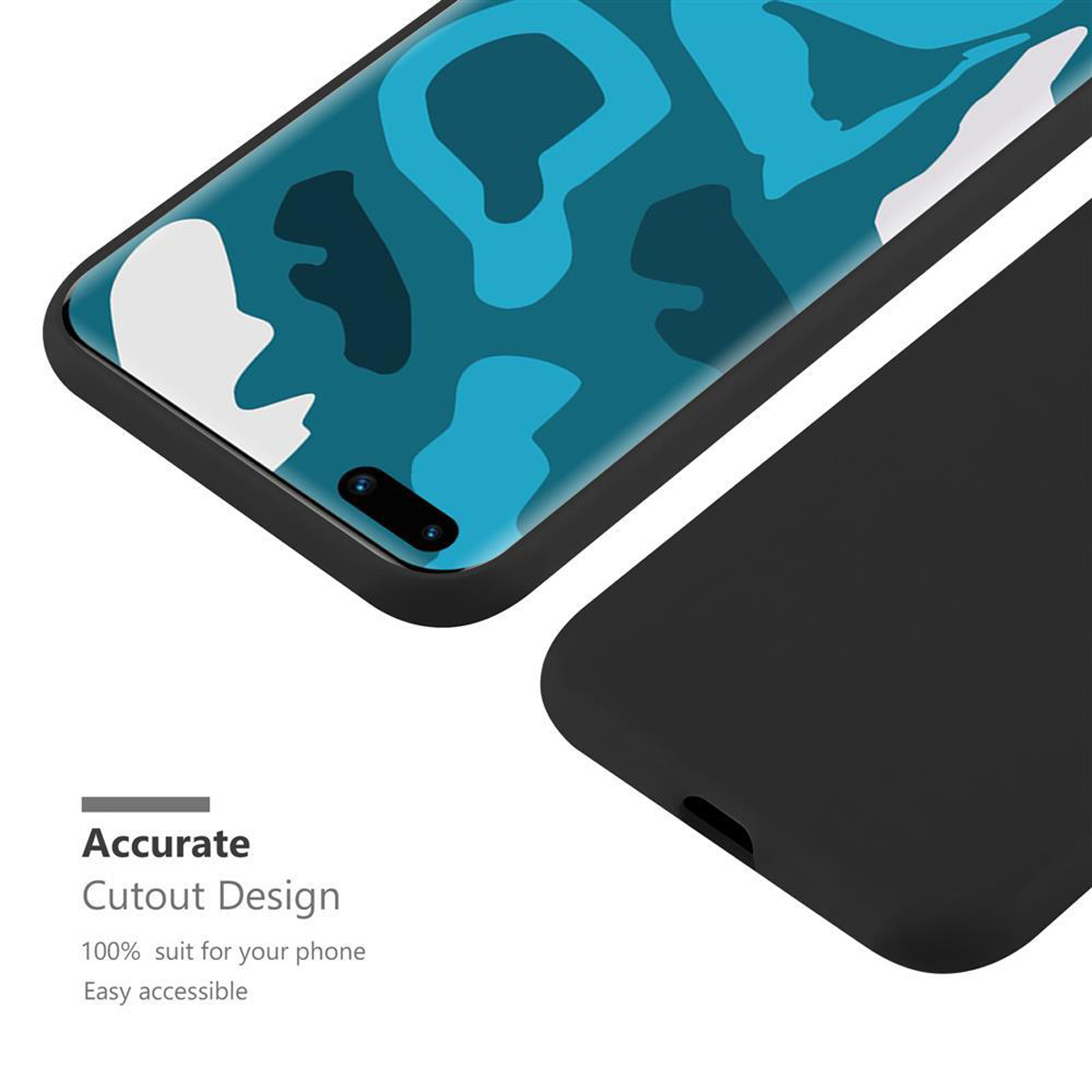 Custodia per telefono con design mimetico blu, cornice nera e custodia nera.
