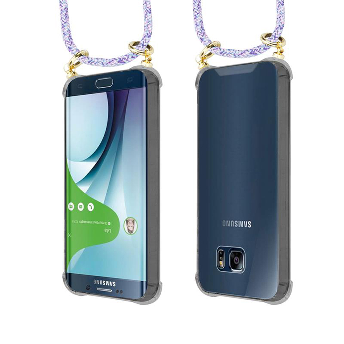 Telefono con cordino, vista anteriore e posteriore. Il telefono è in una custodia.