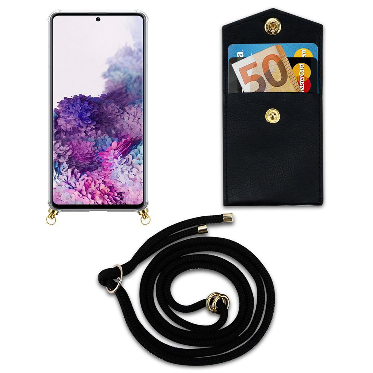 Custodia per telefono con carte e un cordino nero con una custodia nera per carte.