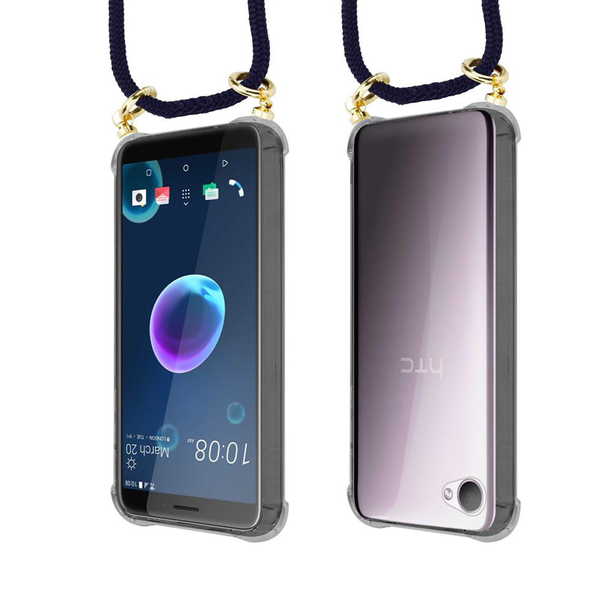 Telefon mit Lanyard-Hülle. Das Telefon befindet sich in einer transparenten Hülle mit einem dunkelblauen Lanyard.
