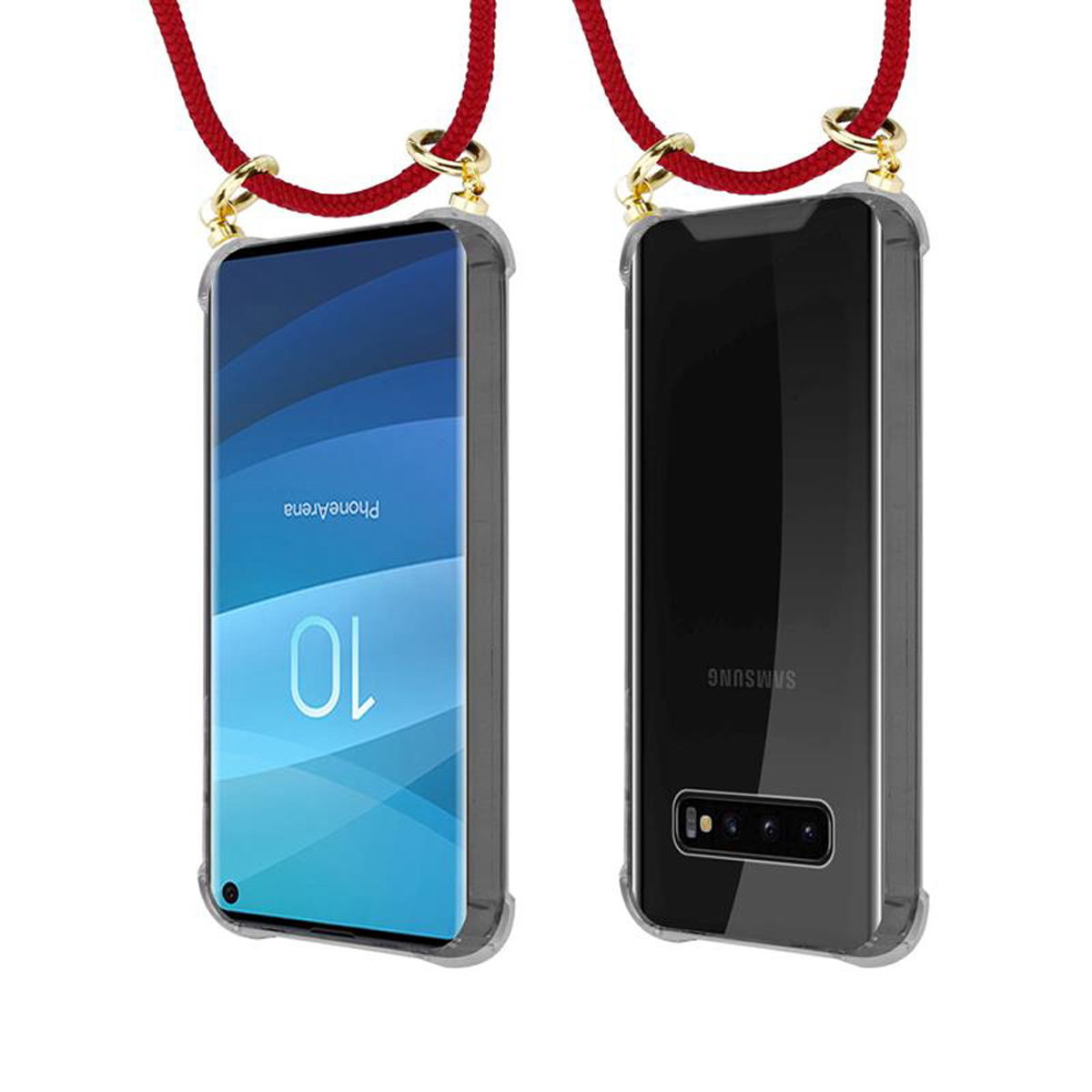Telefono in custodia trasparente con cordino rosso.