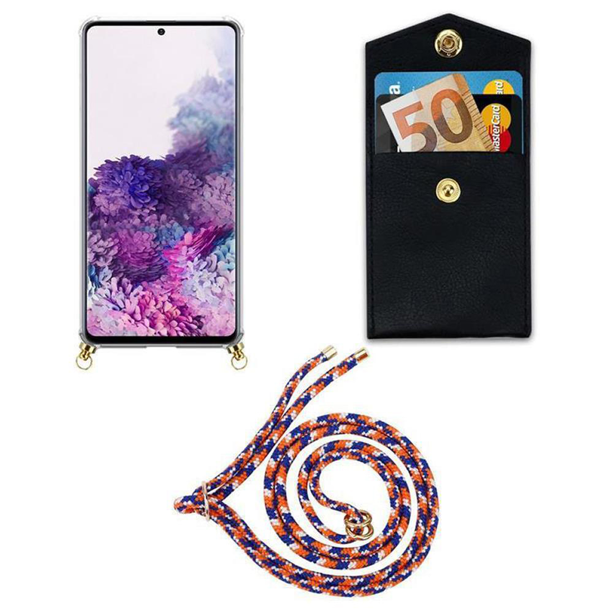 Telefono con porta carte, cordino con cavo a spirale. Mostra una banconota da 50 euro e alcune carte.