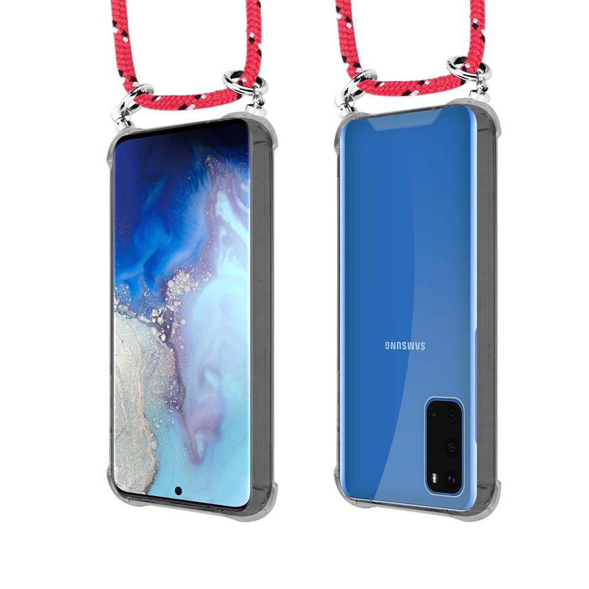 Due viste di un telefono in una custodia trasparente, con un cinturino rosso e bianco. Il telefono è blu.
