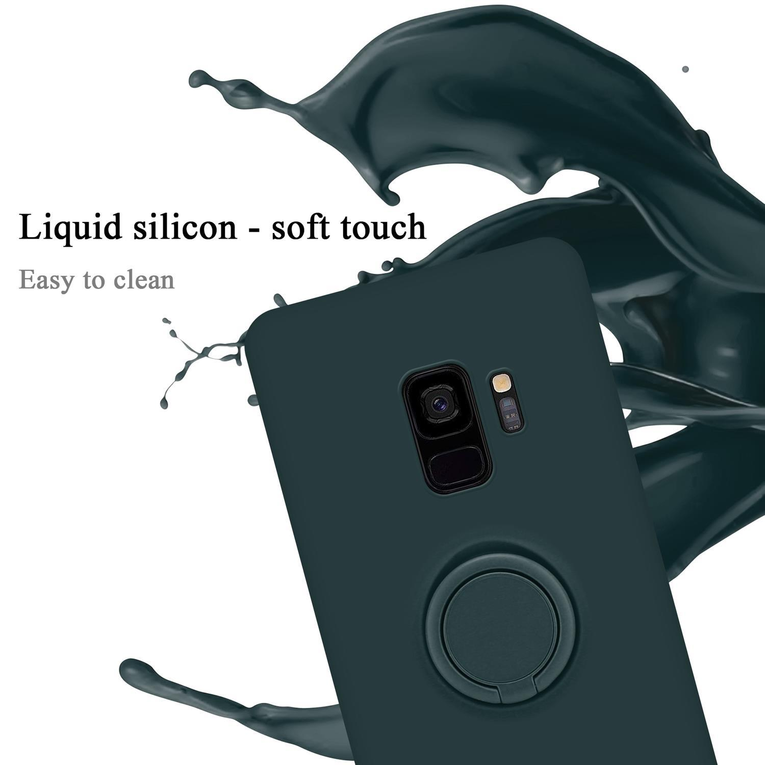 Dunkelgrünes Telefon mit Ringhalter. Flüssiges Silikon-Text und Spritzer im Hintergrund. Soft-Touch und leicht zu reinigen.