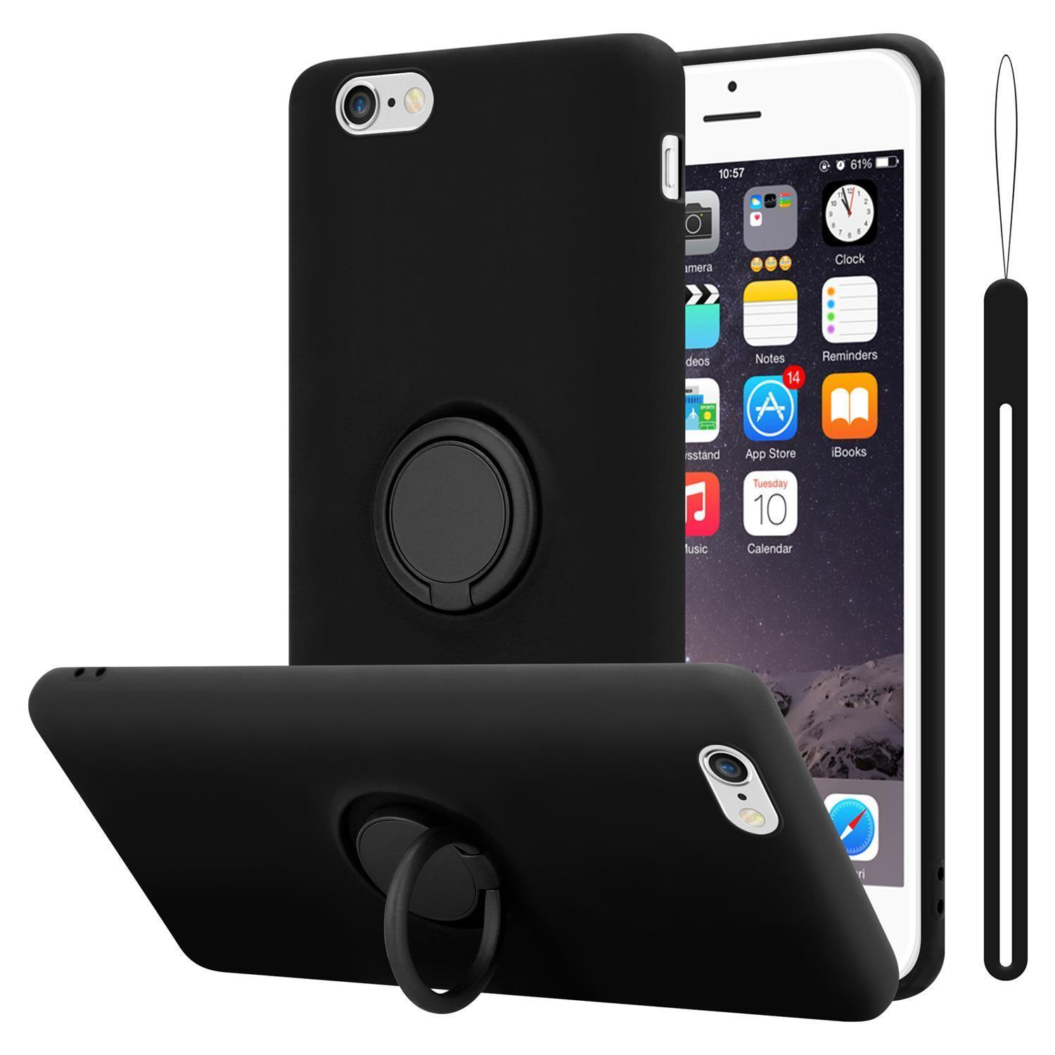 Telefono nero con custodia nera e anello di supporto. Schermo visibile.