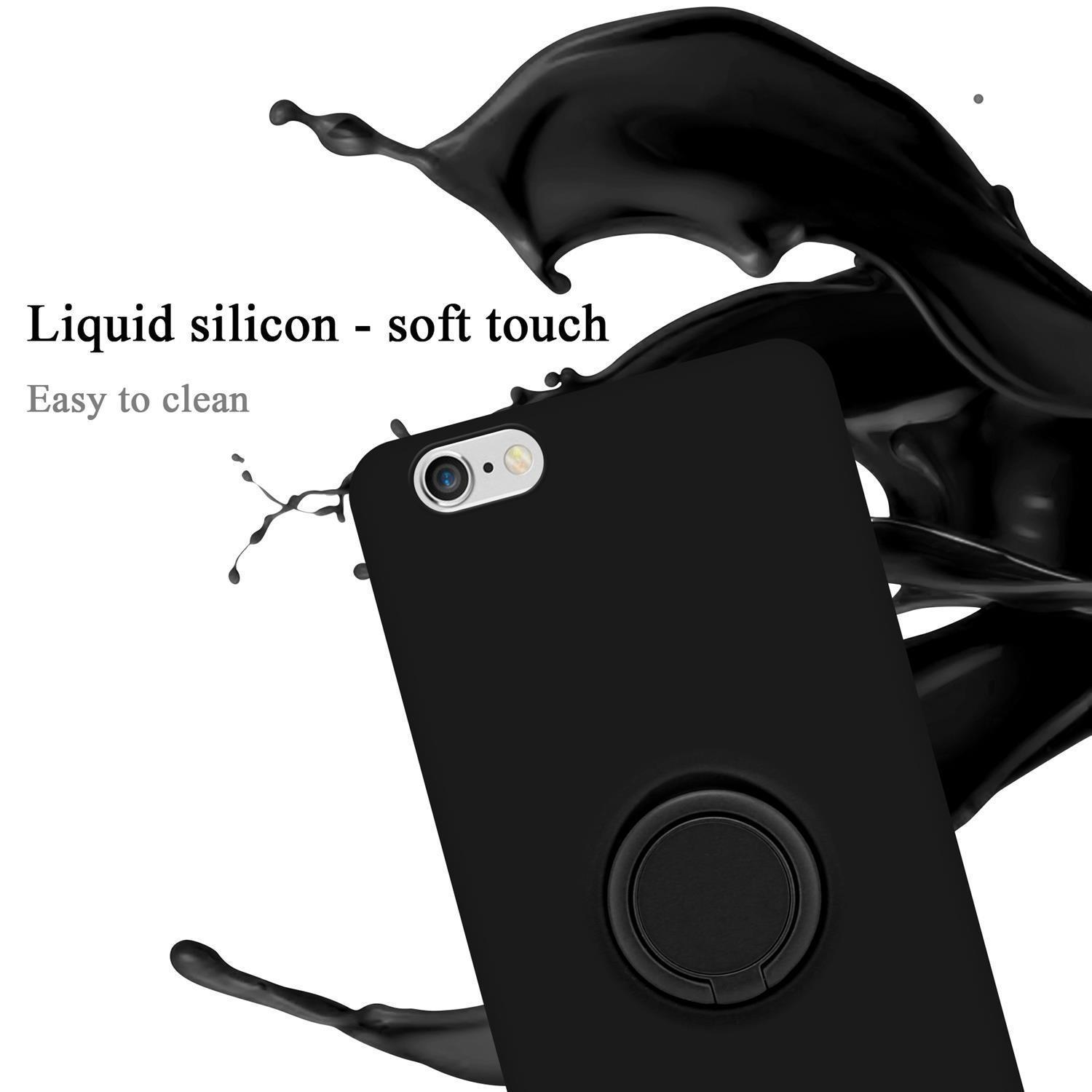 Custodia per telefono nera con supporto ad anello. Ci sono spruzzi di liquido nero sullo sfondo.