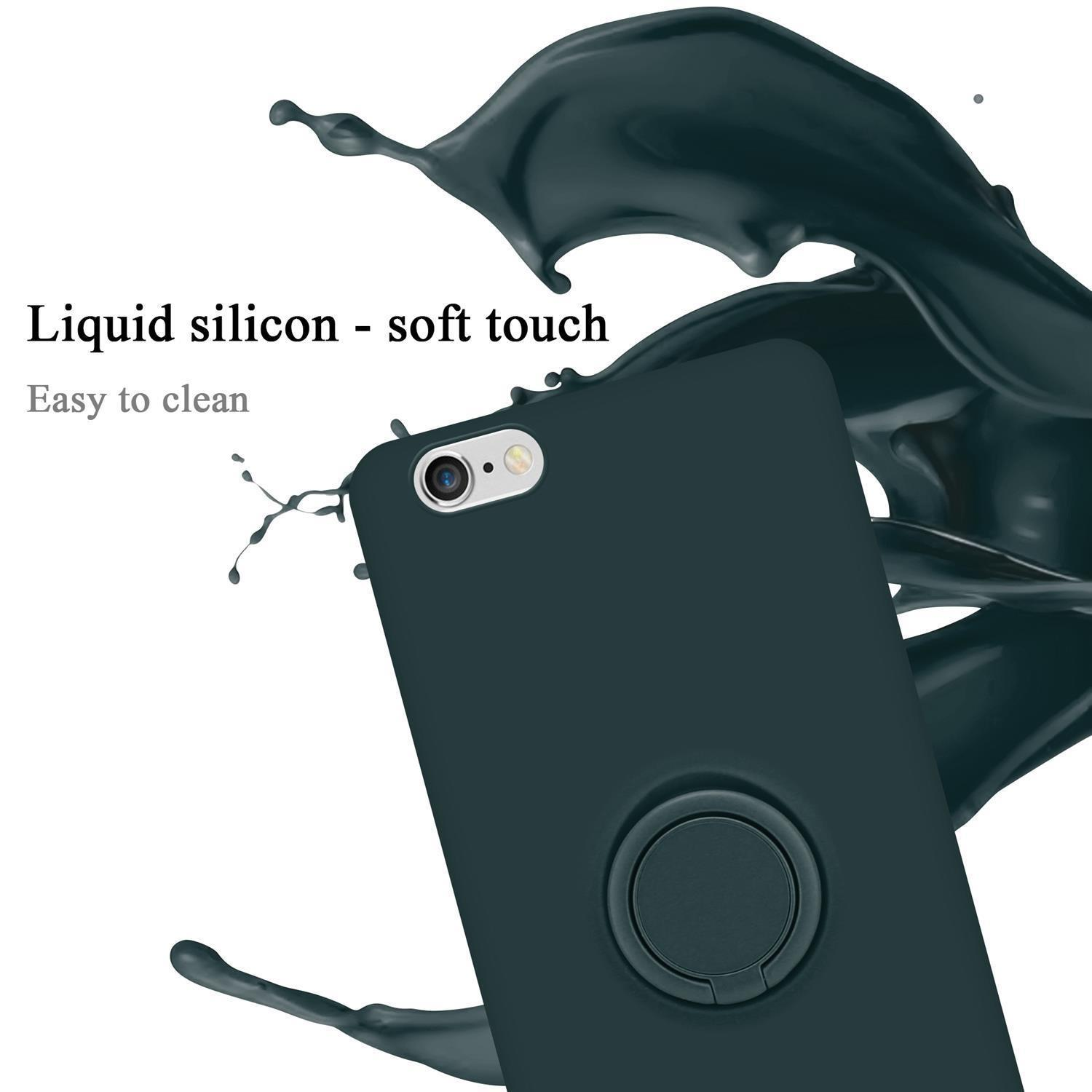 Una custodia per telefono verde scuro con un supporto ad anello. Il telefono è verde scuro e si vede uno schizzo di liquido.