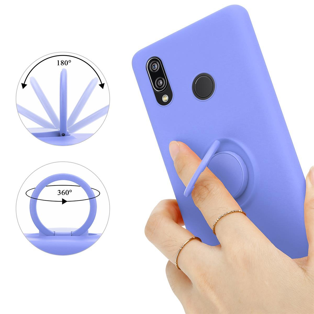 Custodia viola per telefono con supporto ad anello, che può ruotare di 180 e 360 gradi. La mano tiene l'anello.