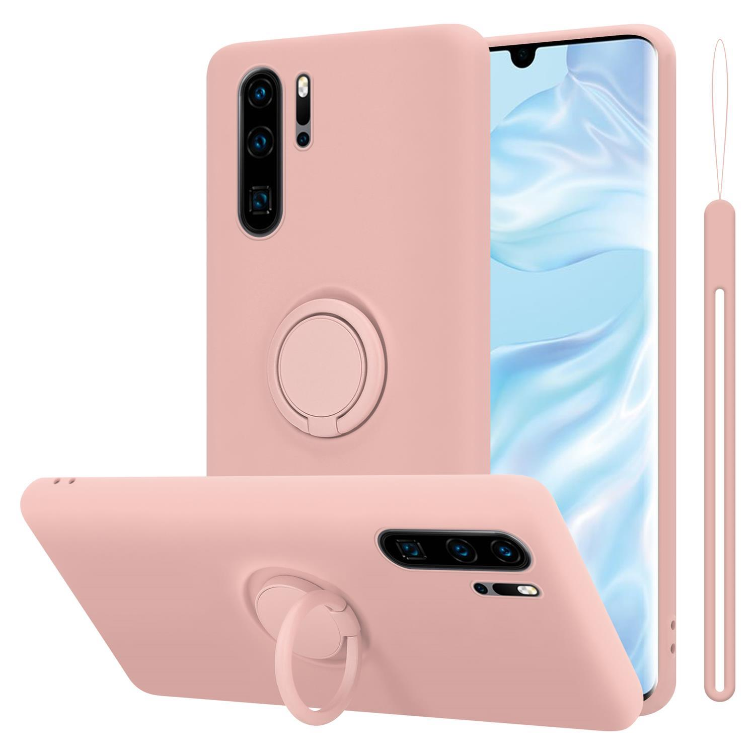 Tre custodie per telefoni rosa chiaro con anelli. Una custodia mostra la parte posteriore del telefono, l'altra è la parte anteriore.