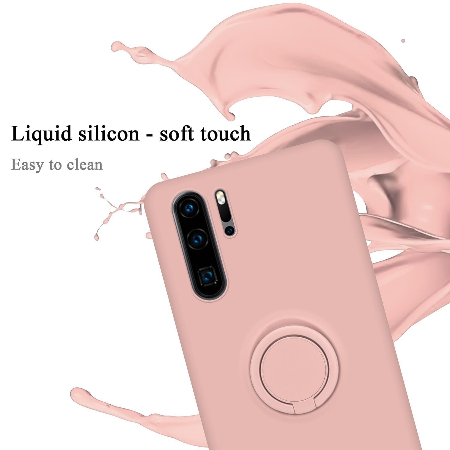 Una custodia per telefono rosa con un supporto ad anello e uno schizzo rosa sullo sfondo.