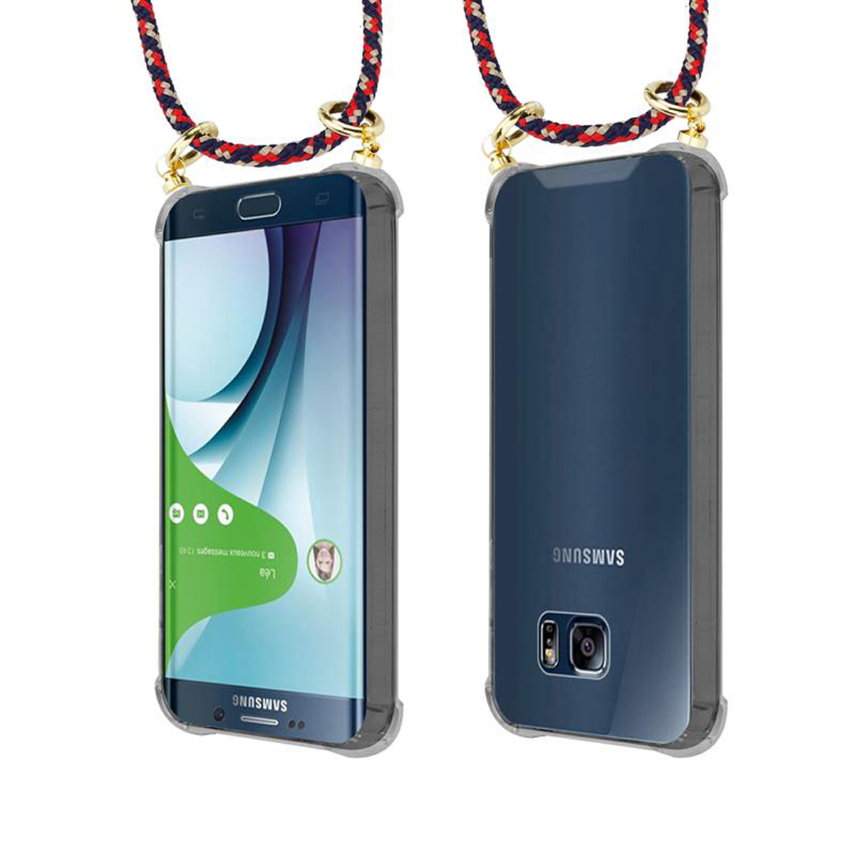Un telefono con una custodia trasparente e un cordino rosso e blu. Lo schermo del telefono è nero.